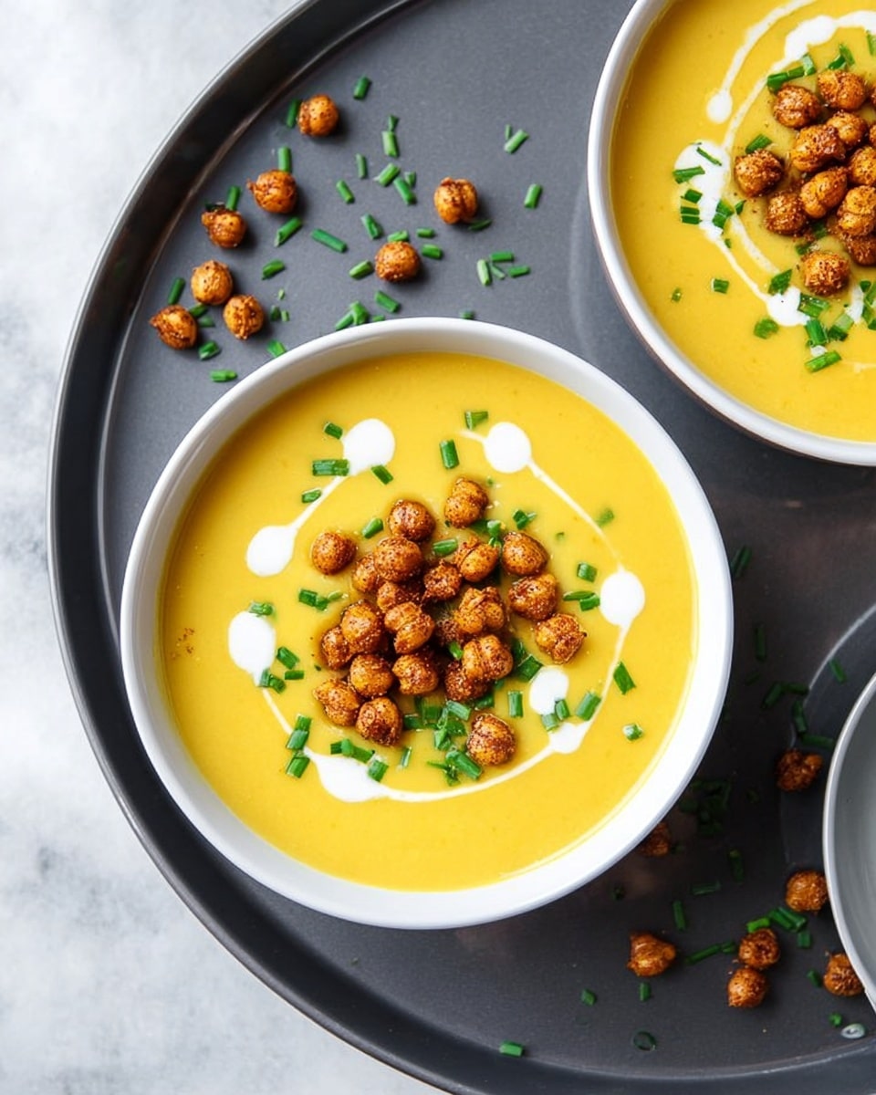 The image shows two white bowls filled with smooth yellow soup placed on a large dark gray tray with a white marbled background. Each bowl of soup is topped with a pile of small, round, golden-brown roasted chickpeas and sprinkled with small green chive pieces. There are small white drizzles on the soup around the chickpeas, adding contrast. Next to the soup bowls, on the tray, is a smaller white bowl full of the same golden-brown roasted chickpeas. Two silver spoons lie beside the bowls on the tray, and some chopped chives are scattered on the tray below the bowls. Photo taken with an iphone --ar 4:5 --v 7