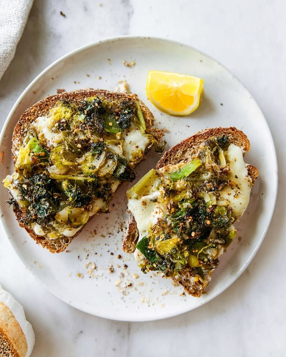 A single slice of brown whole grain bread with visible oats on the crust forms the base layer, topped with a layer of melted white cheese. On top, there is a generous amount of cooked green Brussels sprouts with some browned edges, mixed with bits of caramelized onions. The toast is sprinkled with black pepper and a bit of coarse salt. A lemon wedge sits on the right side of the white plate, which rests on a white marbled surface with some scattered black pepper and salt grains around. Photo taken with an iphone --ar 4:5 --v 7