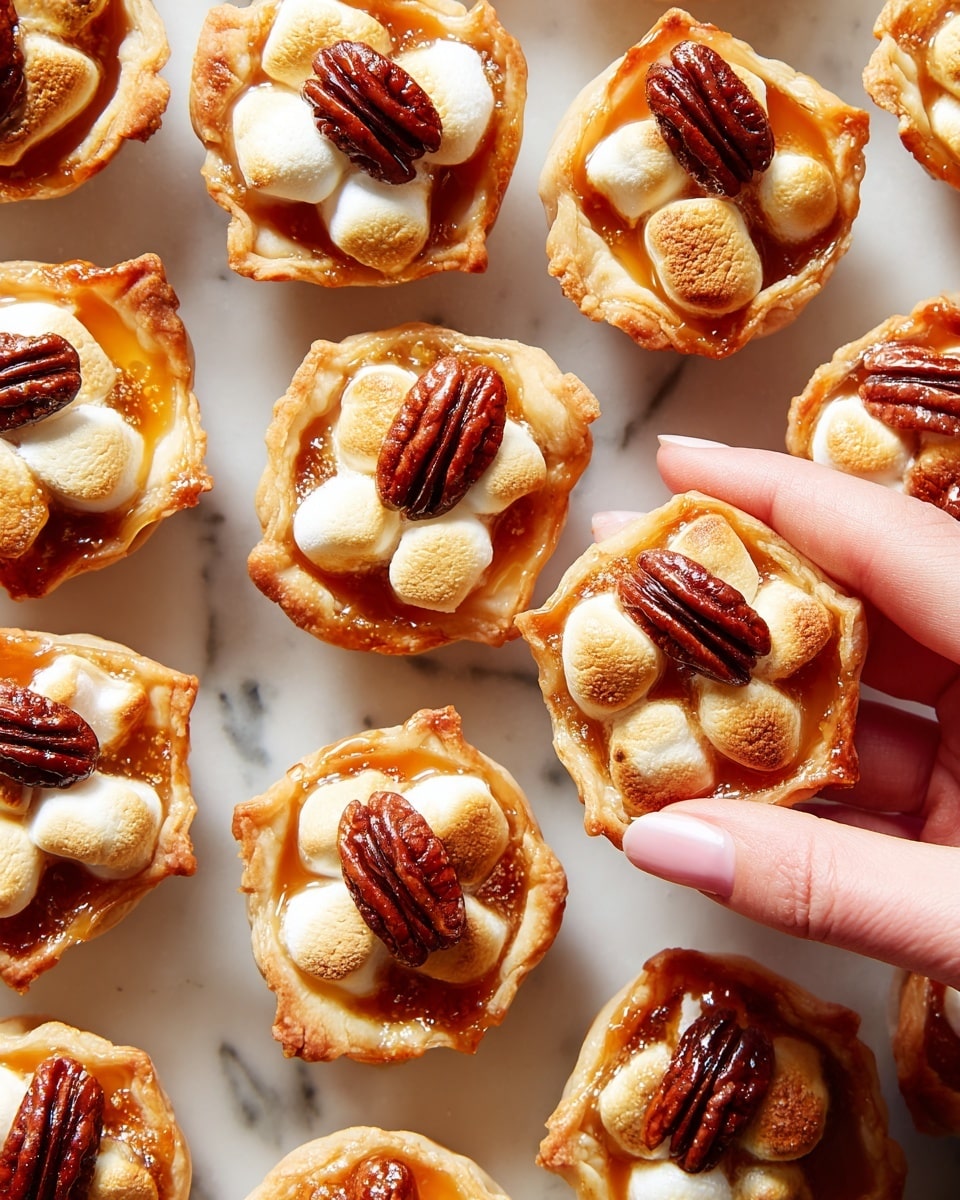 The image shows many small tartlets arranged closely on a white marbled surface. Each tartlet has a golden brown crust that is folded around the edges, forming a shallow cup. Inside, there is a layer of orange filling topped with several small, melted marshmallows that are creamy white with a slight toast color in spots. On top of the marshmallows, there is a single glossy, dark brown pecan half placed in the center of each tartlet. A woman's hand is gently holding one tartlet on the right side of the image. The scene is bright and clear, with soft shadows. photo taken with an iphone --ar 4:5 --v 7