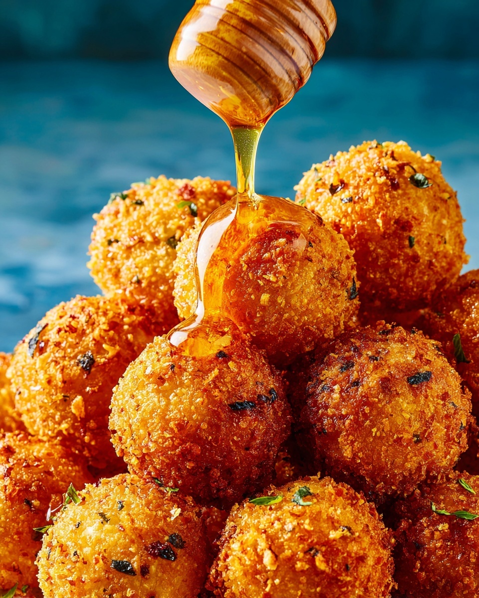 A close-up of many round, crispy fried balls stacked together, covered with shiny honey being poured from a honey dipper above. The balls have a rough golden brown texture with small green and dark specks inside the crust. The background is a blue color with no visible surface below. photo taken with an iphone --ar 4:5 --v 7