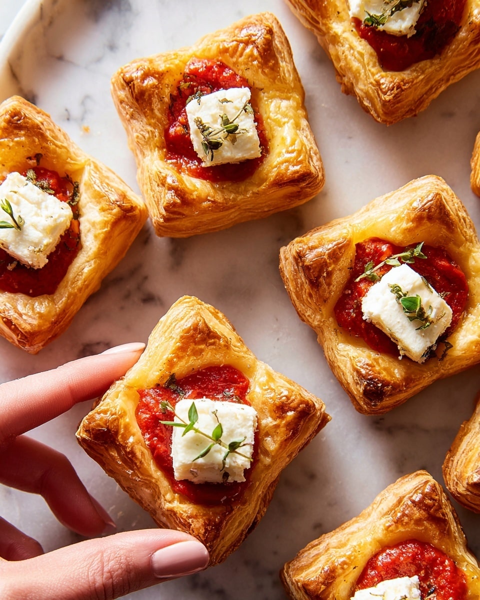 The image shows several small square puff pastry cups placed on a white marbled surface. Each pastry has three visible layers: a golden, flaky outer crust that looks crispy and light; inside this shell, there is a bright red layer of roasted pepper or tomato sauce with a smooth texture; on top, a white cube of soft cheese is placed in the center, garnished with small green herbs. In the lower left corner, a woman's hand is holding one of the pastry cups, showing its size and detail. The overall scene is bright and well-lit, emphasizing the textures of the pastry and toppings. photo taken with an iphone --ar 4:5 --v 7