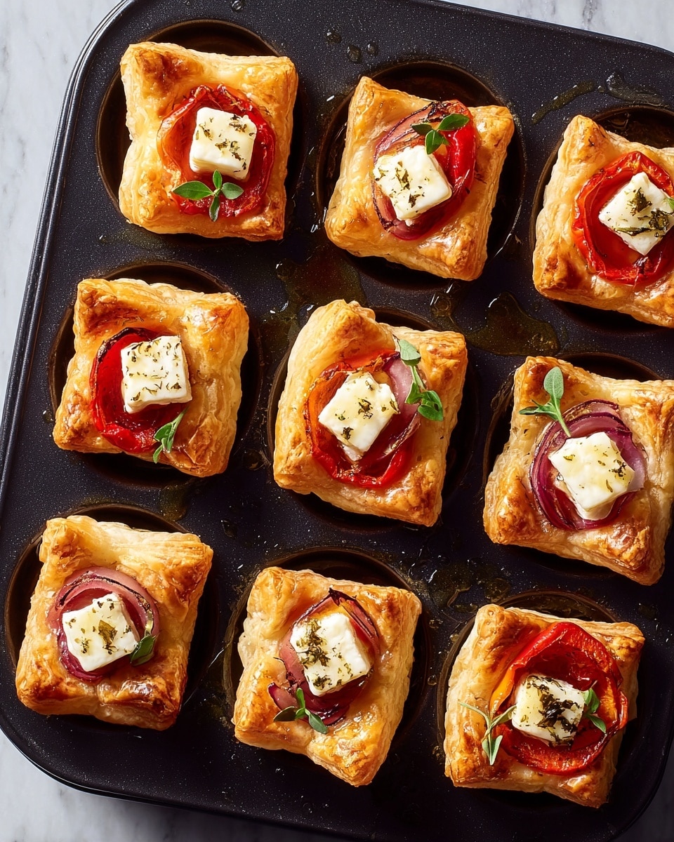 The image shows nine small square pastries in a black baking tray with nine sections. Each pastry has three layers: the bottom layer is golden, flaky puff pastry with puffy edges, the middle layer is a bright red roasted pepper slice, and the top layer is a white, slightly grilled cube of cheese placed in the center. Some pastries also have a small slice of light purple onion under the cheese. Small green herb leaves are sprinkled on top of the cheese and around the pastries. The baking tray holds some shiny melted oil around the pastries, and the background is a white marbled texture. photo taken with an iphone --ar 4:5 --v 7