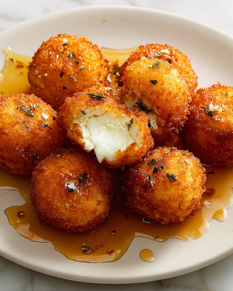 The image shows several small round fried balls with a golden brown, crispy outside layer, some with small green herb pieces sprinkled on top. One ball is broken open, revealing a soft, white creamy filling inside. They are arranged closely together on a white plate with a few drops and small pools of amber syrup around them, which creates a shiny and sticky texture on the plate. The plate is set on a white marbled surface. Photo taken with an iphone --ar 4:5 --v 7