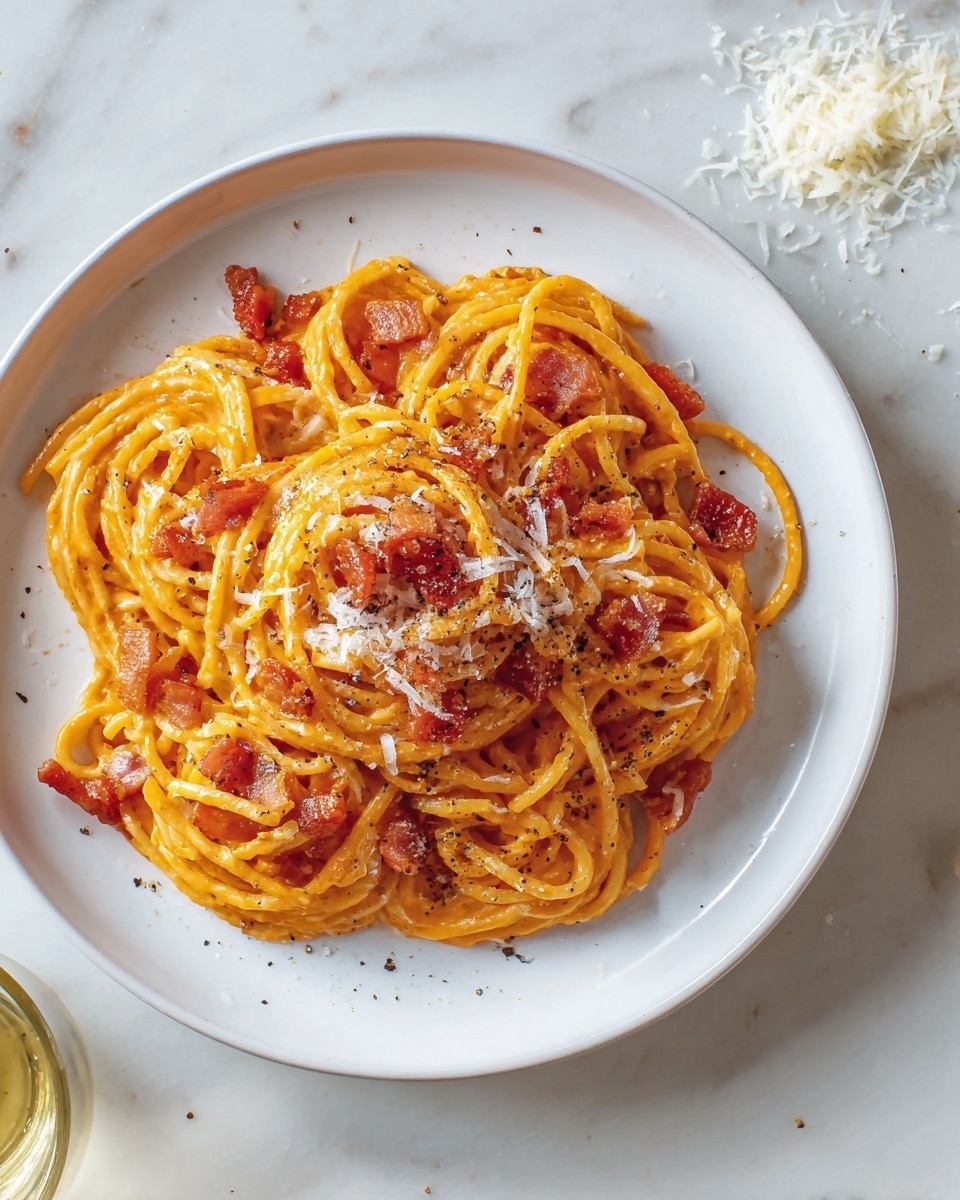 A white plate filled with a tangled pile of smooth, orange-yellow spaghetti coated in a creamy sauce, mixed with small pieces of crispy, reddish-brown bacon scattered throughout. On top, thin white shavings of cheese are sprinkled evenly, along with fine ground black pepper specks adding dark contrast. A silver fork rests on the right side of the plate, some noodles wrapped around its tines. The plate sits on a white marbled surface, with a small wooden dish of shredded cheese in the upper left and a glass with a light yellow liquid at the top right. Photo taken with an iphone --ar 4:5 --v 7