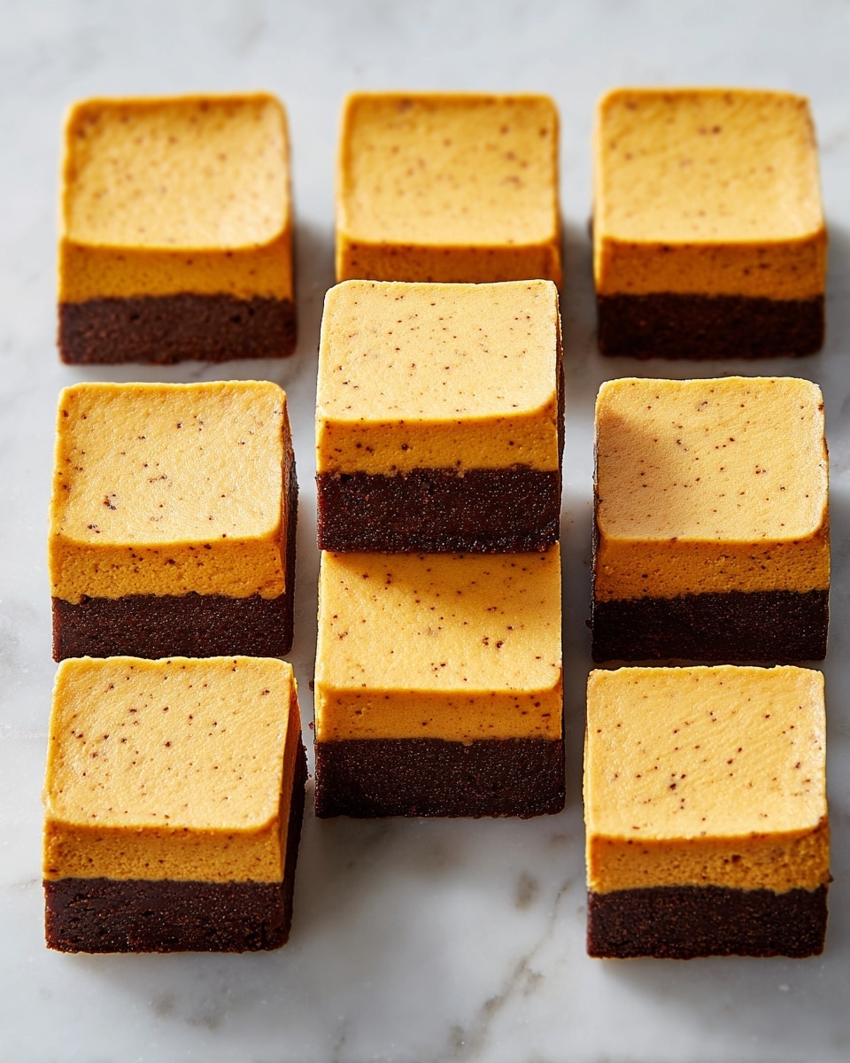 A stack of four square dessert bars is shown against a white marbled surface. Each bar has two clear layers: the top layer is a smooth, creamy golden yellow with a slightly crumbly texture, while the bottom layer is a dense, rich dark brown with a fudgy appearance and some rough edges. The layers are thick and even, and the bars are neatly stacked one on top of the other, revealing the distinct contrast between the yellow and brown layers. photo taken with an iphone --ar 4:5 --v 7