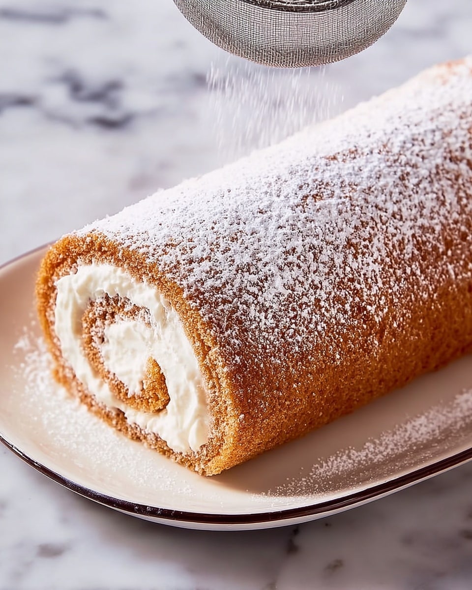 The image shows a pumpkin roll cake sliced into three pieces placed on a white marbled surface. The cake has two main layers: a soft, spongy light brown outer layer and a thick, creamy white inner swirl that runs evenly through the center, forming a spiral pattern. The cake is dusted lightly with powdered sugar, adding a delicate white sprinkle on top. The texture of the outer cake looks moist and slightly porous, and the cream filling is smooth and dense. Photo taken with an iphone --ar 4:5 --v 7
