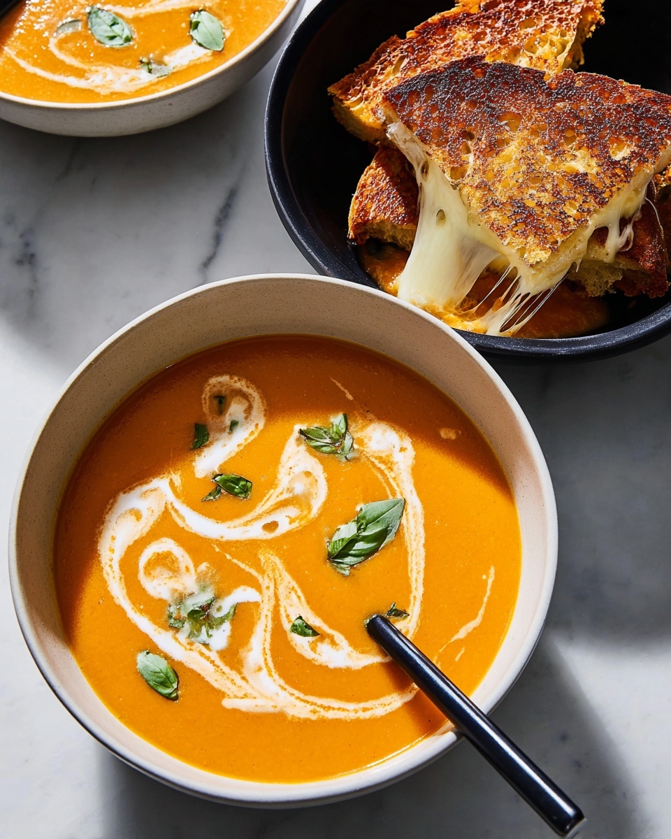 A white bowl filled with bright orange soup swirled with white cream, topped with small green basil leaves scattered on the surface. A grilled sandwich with golden brown, crispy toasted bread is being held by a woman's hand, dipping into the soup. The sandwich shows melted cheese oozing slightly at the edge. A black spoon is partially submerged in the soup near the sandwich. The bowls are placed on a white marbled surface with natural light casting soft shadows. photo taken with an iphone --ar 4:5 --v 7