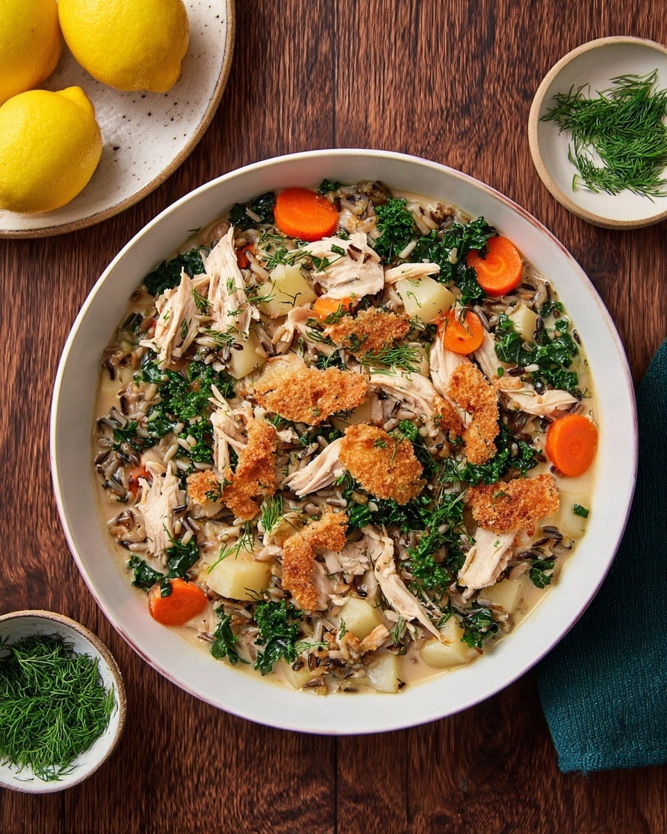 A white bowl is filled with a thick stew showing several layers: a base of mixed rice and shredded cooked chicken, with orange carrot slices and green leafy kale spread evenly throughout. White potato chunks are scattered across the dish, topped with small clusters of crispy golden brown pieces. The stew is sprinkled with tiny green herb bits, adding fine texture and color contrast. The bowl is placed on a wooden surface, with a small bowl of green herbs and a red plate holding squeezed lemon halves nearby. photo taken with an iphone --ar 4:5 --v 7