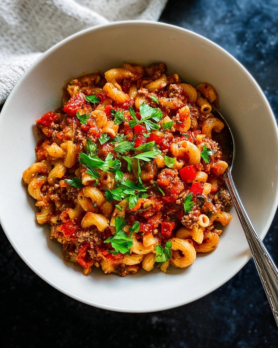 The image shows a large black pot filled with a mixed pasta dish on a white marbled surface. The dish has three main layers: the base layer is creamy cooked elbow macaroni that is pale yellow with a smooth texture, the second layer is scattered cooked ground meat mixed throughout in small chunks with a light brown color, and the top layer includes small pieces of cooked red peppers and finely chopped cooked onions giving bits of red and translucent colors. Bright green fresh cilantro leaves are sprinkled across the top for a fresh look. A black spoon is placed in the pot, lifting a portion of the pasta mix. In the background, there is a white bowl holding a reddish-brown chili sauce with a spoon resting inside, and some green herbs beside the sauce. photo taken with an iphone --ar 4:5 --v 7
