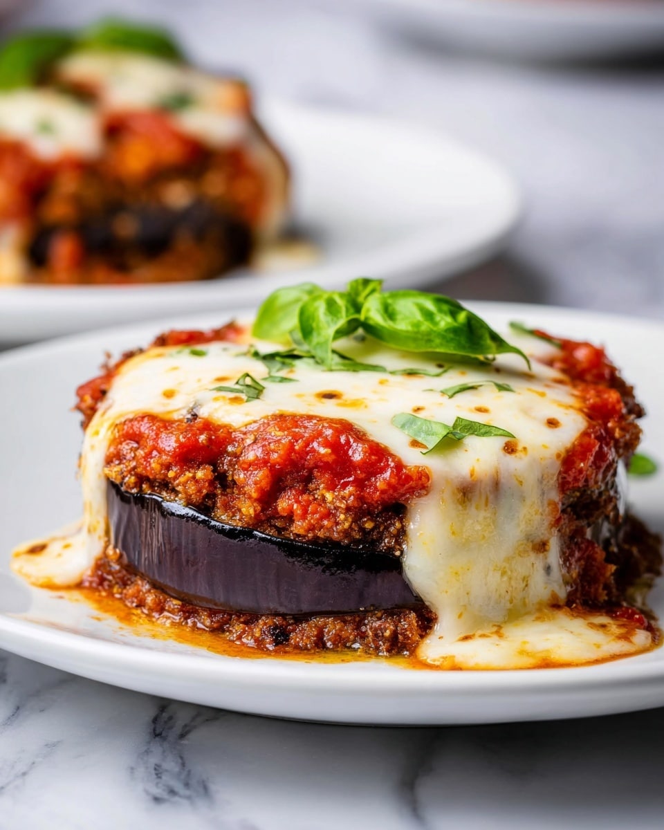 A piece of eggplant parmesan is being lifted with a fork by a woman's hand from a white baking dish filled with the layered dish. The visible slice shows three clear layers: the bottom layer is a dark brownish fried eggplant base, the middle layer is a thick chunky red tomato sauce, and the top layer is melted golden cheese with some green basil leaves on it. The cheese is melting and stretching with strings of it hanging down from the piece. The white baking dish is set on a white marbled surface with a small white bowl with green leaves blurred in the background. Photo taken with an iphone --ar 4:5 --v 7