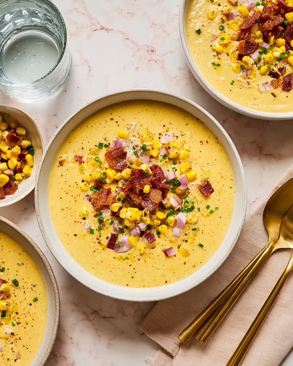 A white bowl filled with creamy yellow soup that has a smooth texture, topped with a layer of bright yellow corn kernels, small pieces of crispy brown bacon, finely chopped purple onions, and small bits of green herbs, with a sprinkle of black pepper over the top, placed on a white marbled surface with a beige cloth napkin and two golden spoons beside the bowl, photo taken with an iphone --ar 4:5 --v 7