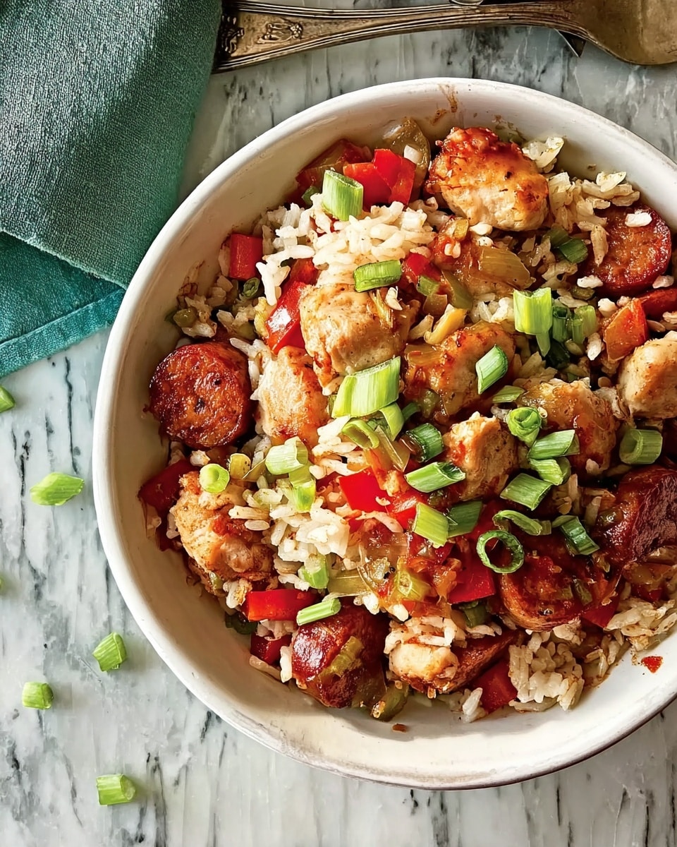 A white bowl filled with a dish that has three main layers: the bottom layer is cooked white rice mixed with visible small pieces of red bell pepper and diced onions; the middle layer is browned slices of sausage and golden-brown cooked chicken pieces spread evenly across the rice; the top layer is garnished with bright green sliced scallions scattered over the meat and rice. A silver spoon is resting inside the bowl on the left side, partly submerged in the food. The bowl is placed on a pale green cloth napkin on top of a white marbled surface, and nearby are two sauce bottles and a glass of beer with foam. photo taken with an iphone --ar 4:5 --v 7