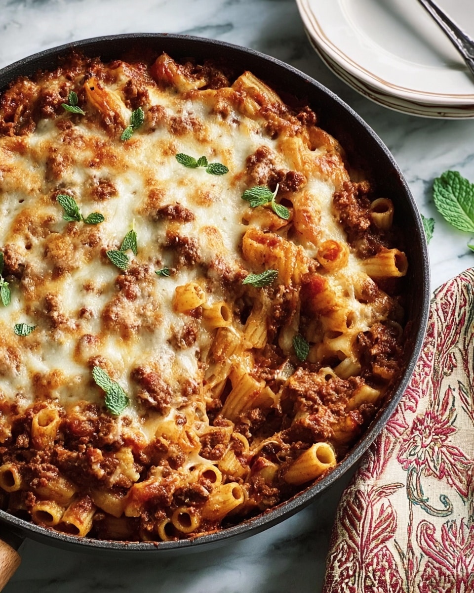 A skillet filled with a baked pasta dish showing two main layers: the bottom layer is tube-shaped pasta mixed with a thick meat and tomato sauce in rich brown and red tones, while the top layer is melted cheese browned in spots with some crispy bits and garnished with small green mint leaves scattered on top. The skillet is placed on a white marbled surface with a white plate and a patterned cloth napkin nearby. Photo taken with an iphone --ar 4:5 --v 7