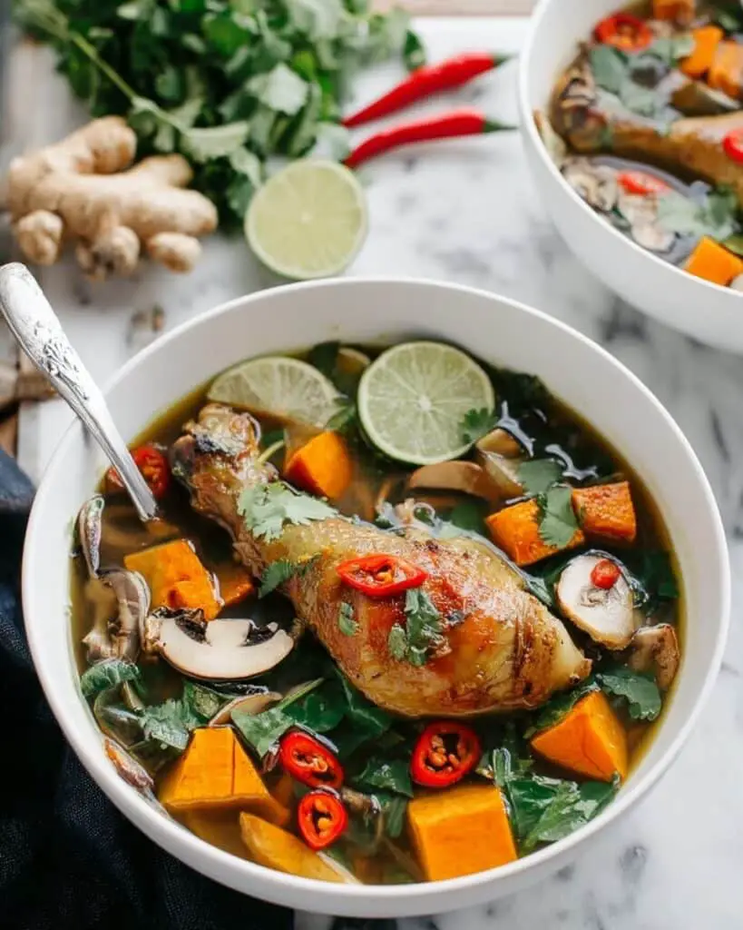 Thai Chicken Soup with Butternut Squash, Bok Choy, and Mushrooms Recipe