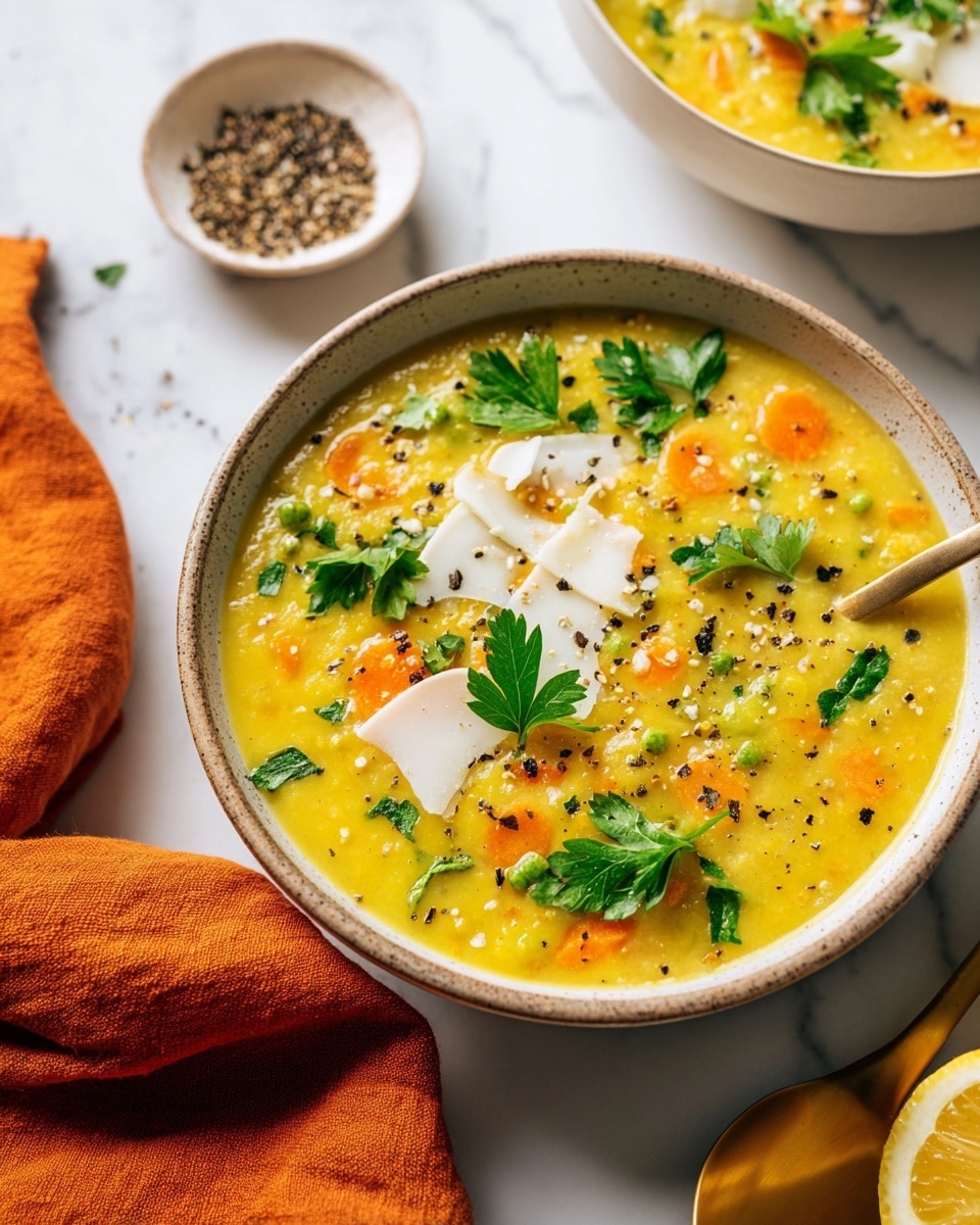 The image shows two white bowls filled with thick yellow soup that has visible chunks of orange carrot and small green herb pieces mixed in. Each bowl has a few thin, white cheese slices on top and is sprinkled with coarsely ground black pepper. Fresh green parsley leaves are used as garnish, adding a pop of color. A gold spoon is placed inside the bowl at the bottom right. Nearby, a white marbled surface shows a white dish with half a lemon and a small bowl of crushed black pepper. An orange cloth is casually placed on the bottom left. The lighting is bright, highlighting the texture of the soup and fresh herbs. Photo taken with an iphone --ar 4:5 --v 7