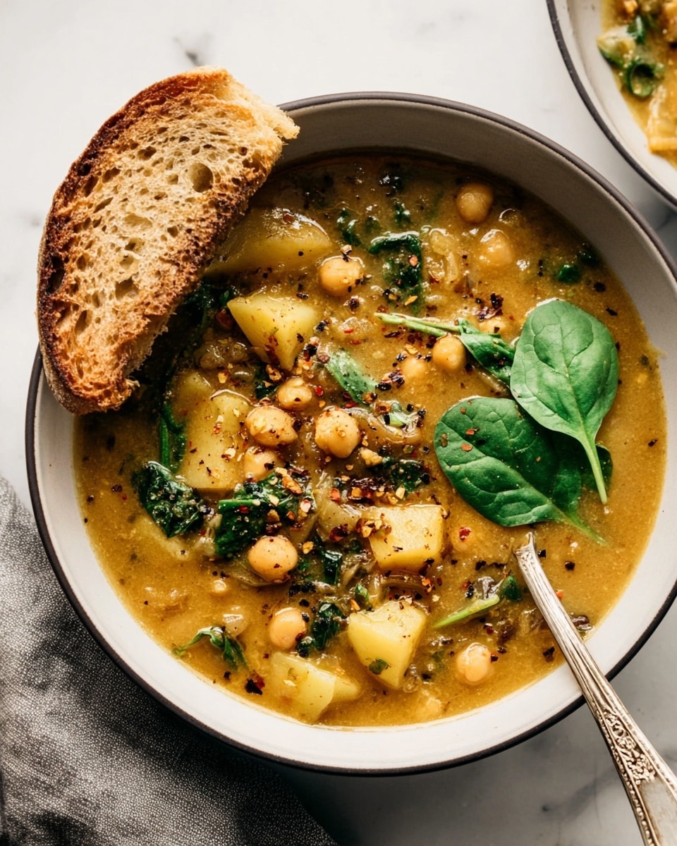A white bowl with a dark rim holds thick soup with a yellow-brown base filled with chickpeas, chunks of potatoes, and pieces of spinach. The soup is sprinkled with black pepper and red seasoning. Two fresh spinach leaves rest on the surface near the top right of the bowl. A metal spoon with an ornate handle is placed inside the bowl, slightly sinking into the soup. A piece of toasted brown bread leans on the left side of the bowl. The bowl sits on a white marbled surface with a gray cloth napkin placed just below the bread photo taken with an iphone --ar 4:5 --v 7