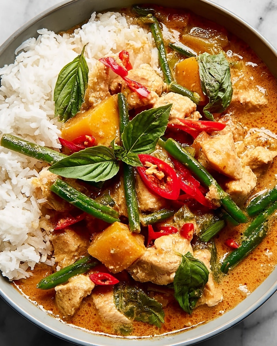 A dark bowl holds a layered dish starting with white rice at the bottom, topped with a creamy, light orange sauce that covers chunks of pale chicken, bright green beans, and orange cubes of squash. Red chili slices and fresh green basil leaves are scattered on top, adding a mix of sharp red and vibrant green colors. The bowl sits on a white marbled surface. Photo taken with an iphone --ar 4:5 --v 7