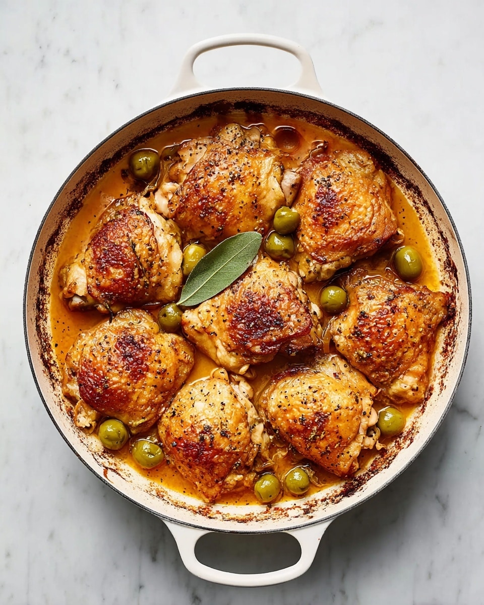 A white plate sits on a white marbled surface holding six pieces of crispy golden-brown cooked chicken thighs evenly placed in a circular pattern. Beneath and around the chicken thighs are thin, bright orange slices, adding color contrast. Scattered green olives with a shiny texture are spread between the chicken pieces. A light brown sauce pools on the plate, coating the chicken and some orange slices, with small red chili flakes and some garlic pieces sprinkled on top, adding texture and spice. A gold spoon is placed on the left edge of the plate, resting on the sauce. photo taken with an iphone --ar 4:5 --v 7