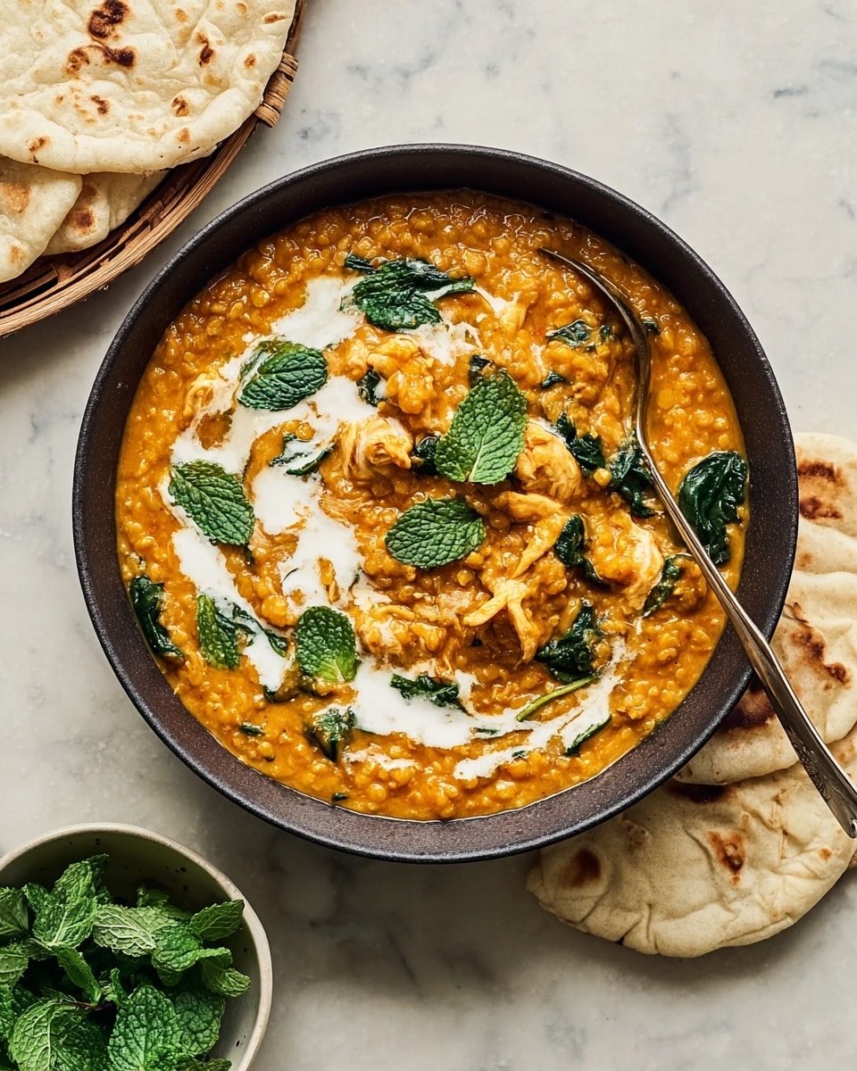 A dark bowl filled with a thick orange lentil curry mixed with green spinach leaves and topped with white creamy swirl and fresh green mint leaves scattered on top. A silver spoon rests inside the bowl, partially submerged in the curry. Around the bowl, there are pieces of white flatbread with light brown spots and a small white bowl with fresh green mint leaves on a white marbled surface. Photo taken with an iphone --ar 4:5 --v 7