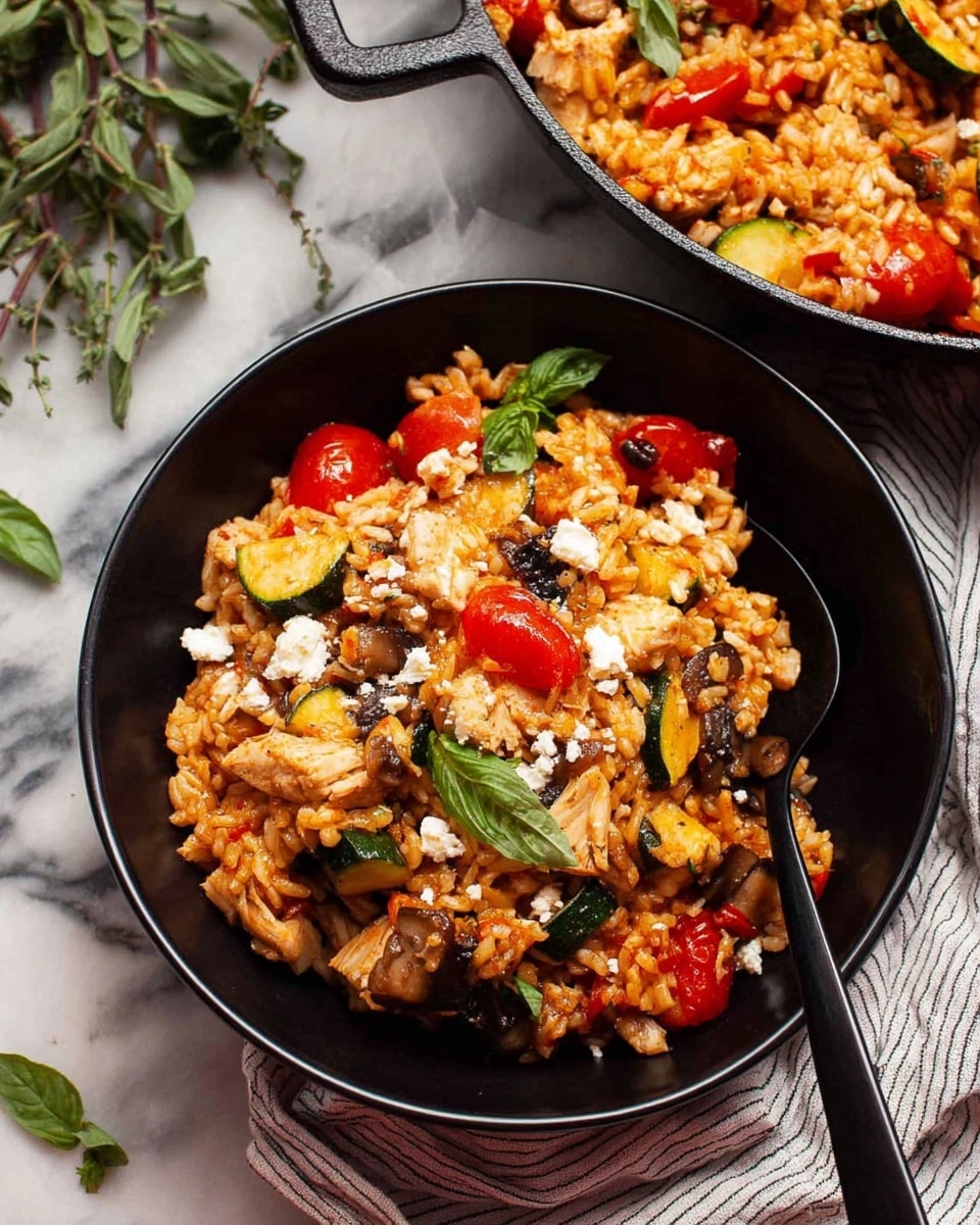 A black pan filled with a colorful dish showing three main layers: the base layer consists of cooked rice mixed with small diced vegetables in warm orange and red tones; the middle layer has roasted cherry tomatoes, scattered evenly across adding bright red pops; the top layer features small chunks of cooked chicken and a sprinkling of crumbly white cheese, with some green herb leaves resting gently on top. A large spoon with a wooden handle is partially inside the pan scooping some of the dish. In the background, part of a white bowl filled with the same dish is visible, all placed on a white marbled surface. photo taken with an iphone --ar 4:5 --v 7
