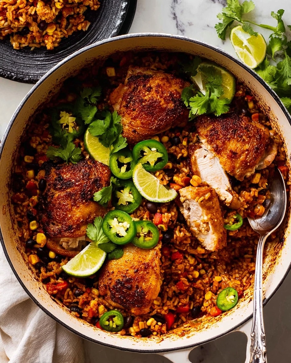 A large white pot filled with a colorful dish showing four pieces of browned chicken thighs sitting on top of a reddish-brown rice mix with visible corn, black beans, and red bell peppers. The rice layer looks moist and textured, covering the bottom and sides of the pot. The chicken skin is crispy and golden brown, with one piece sliced to show the juicy white meat inside. Bright green slices of jalapeño and wedges of lime are scattered on top along with fresh cilantro leaves, adding a burst of fresh green color. A silver spoon rests inside the pot on the right side. The background surface is a white marbled texture with part of a black plate with more rice visible in the top left corner, and a white cloth partially seen in the top right. photo taken with an iphone --ar 4:5 --v 7