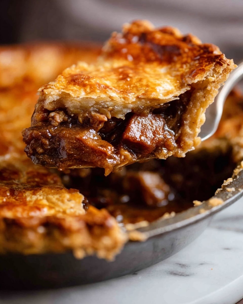 A golden brown pie with a thick, flaky crust is displayed in a round white pie dish. One large slice is taken out, showing a rich, dark brown filling with chunky pieces of tender meat inside. A silver spoon rests in the dish, holding some of the filling. On a nearby white plate, a woman's hand holds a fork with a piece of the pie, and next to the plate is a small bowl filled with bright red sauce. The scene is set on a wrinkled gray cloth over a white marbled surface with some scattered crumbs around. photo taken with an iphone --ar 4:5 --v 7