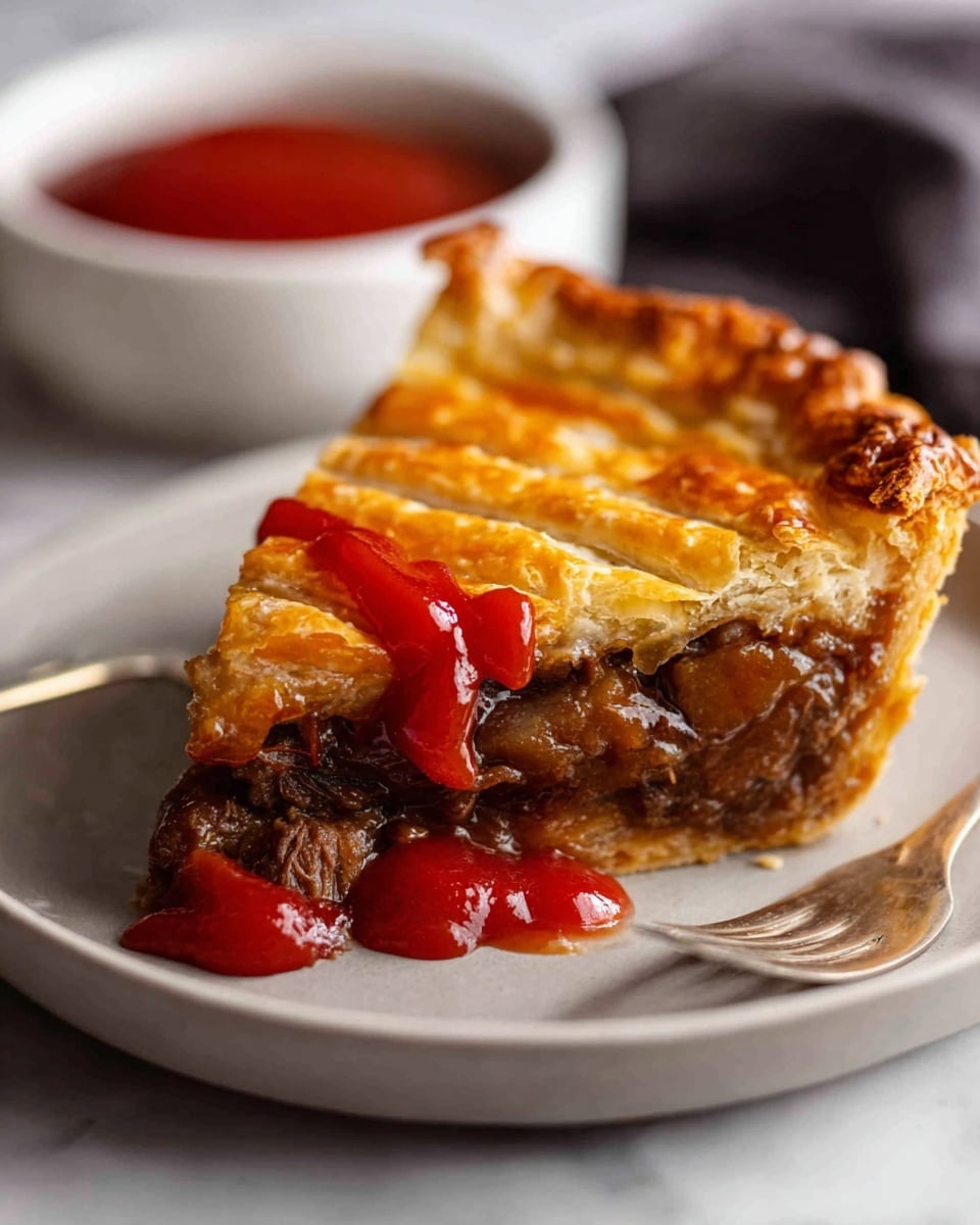 A slice of pie is being lifted from a metal pie pan, showing a thick filling made of dark brown meat and sauce with chunks inside, with the top layer being a golden, crispy crust that looks flaky and slightly shiny from baking. The crust covers the whole pie and edges are broken where the slice is taken out. The background is softly blurred, with a white marbled surface under the pan. Photo taken with an iphone --ar 4:5 --v 7