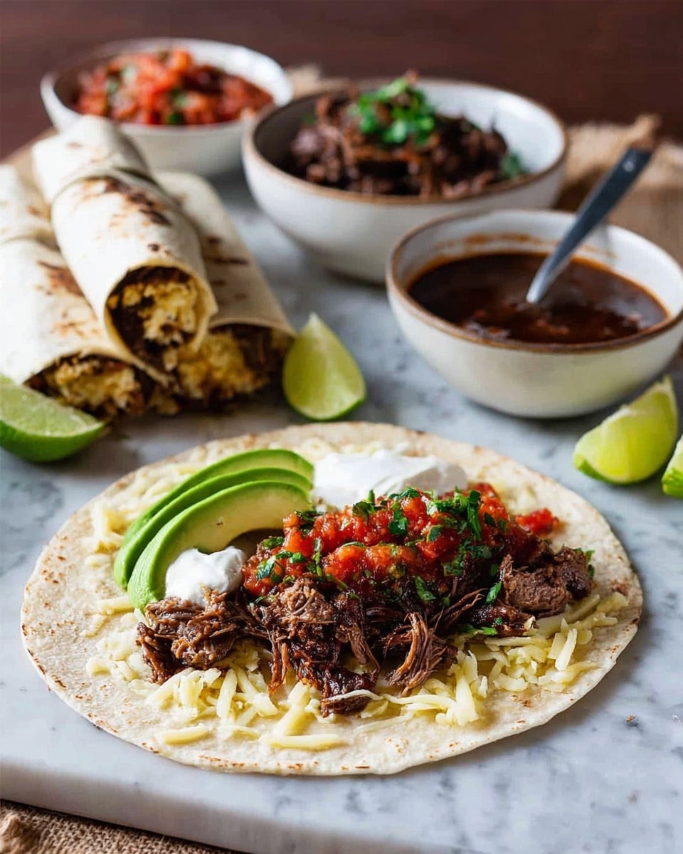 A white tortilla lays flat on a white marbled surface with three layers visible: shredded light yellow cheese as the base, topped with dark brown cooked shredded meat, followed by a layer of red diced tomatoes mixed with finely chopped green herbs, white sour cream dolloped on one side, and two slices of bright green avocado placed on top. To the left, there are lime wedges. In the background, two rolled tortillas filled with dark brown meat and yellowish rice are stacked, along with small white bowls holding chunky red salsa, dark cooked shredded meat garnished with green herbs, and dark brown sauce with a spoon. Photo taken with an iphone --ar 4:5 --v 7