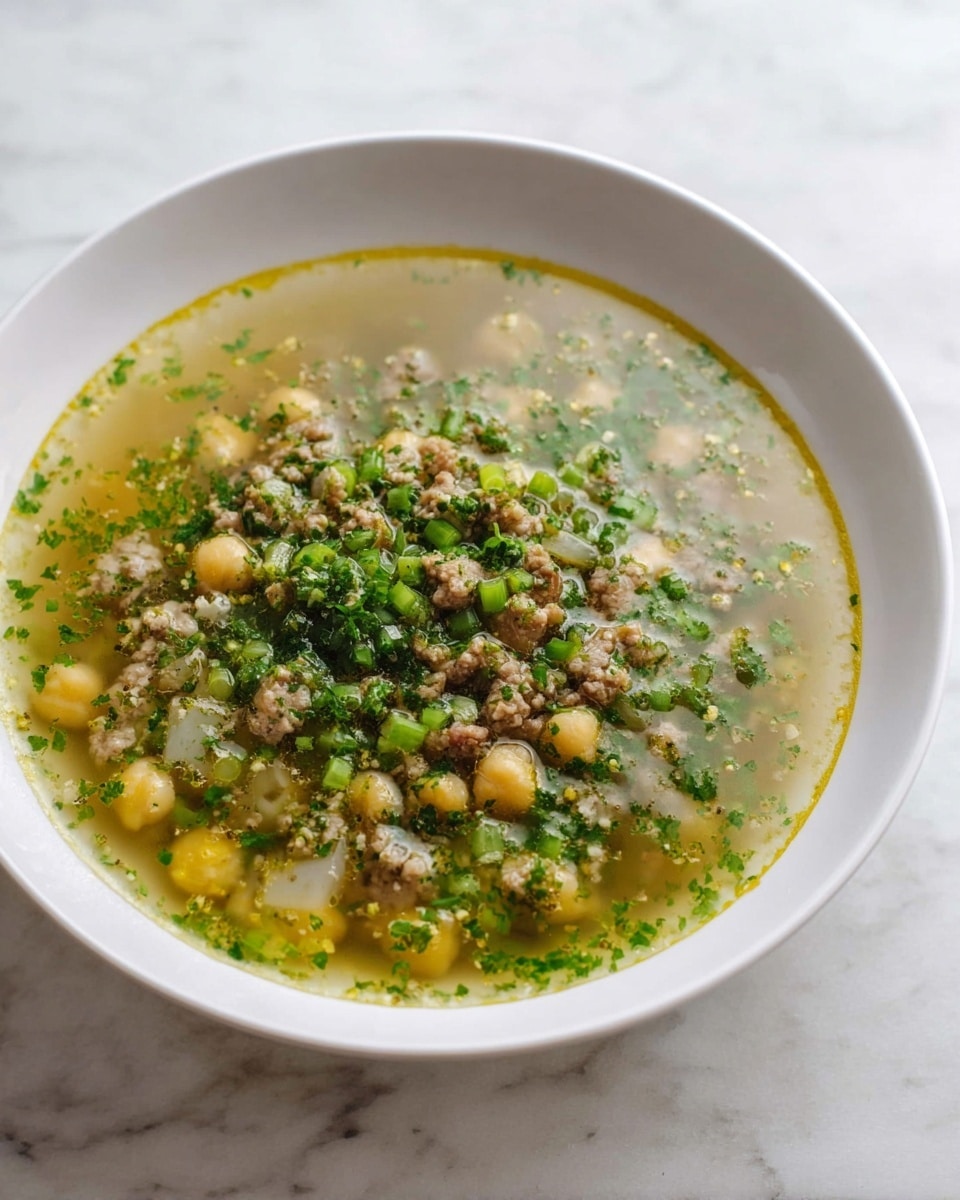 A white shallow bowl filled with clear broth soup containing small chunks of light brown meat, yellow chickpeas, and diced pale green vegetables. There is a generous layer of chopped fresh green herbs and scallions on top, adding a fresh, leafy texture. The soup has a light, slightly oily surface with visible specks of black pepper. The bowl is placed on a white marbled textured surface. photo taken with an iphone --ar 4:5 --v 7