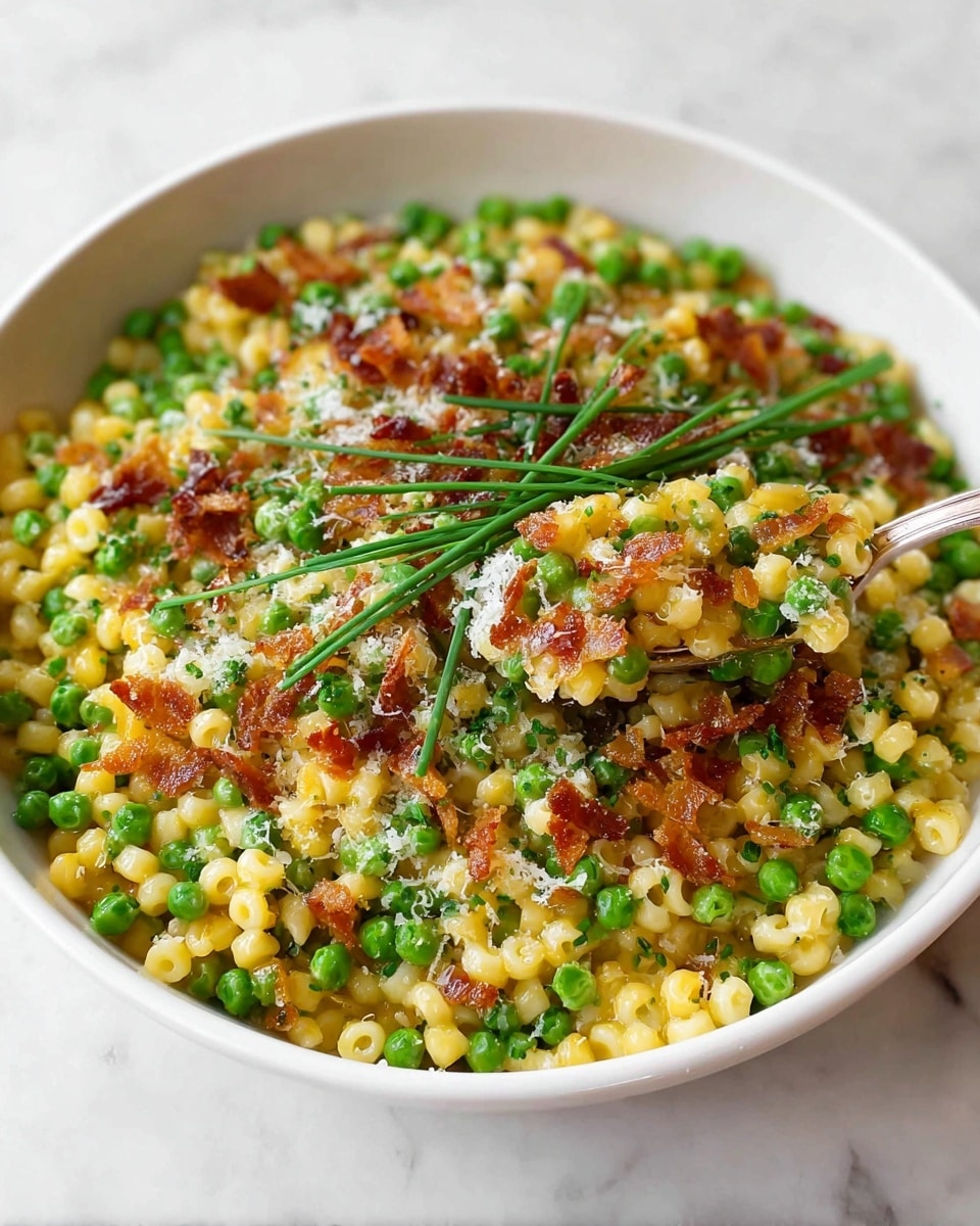 A white bowl filled with a creamy dish featuring small round pasta pieces mixed evenly with bright green peas. Scattered on top are crispy, curly pieces of golden-brown bacon. Thin, fresh green herb strands are spread throughout the dish along with a light sprinkle of grated cheese and a drizzle of olive oil, creating a shiny texture. The background is a white marbled surface. Photo taken with an iphone --ar 4:5 --v 7