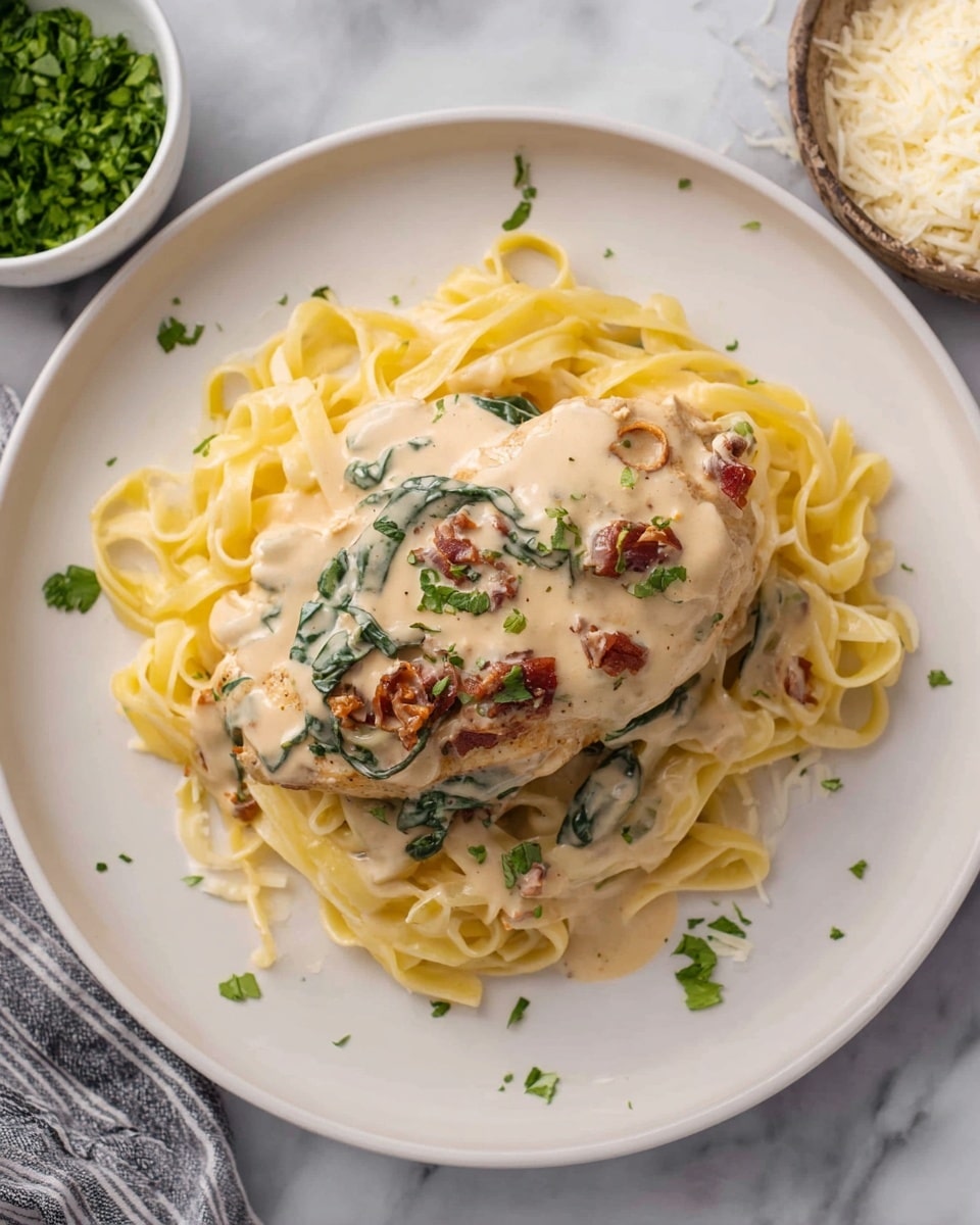 A white oval slow cooker filled with a creamy, thick, light yellow sauce mixed with pieces of white soft chicken, bright green spinach leaves, and chunks of red sun-dried tomatoes. The sauce has a smooth texture with small bits of herbs and spices scattered throughout. The slow cooker sits on a white marbled surface with some green leafy herbs visible in the top corner and a striped cloth partially showing at the bottom edge. photo taken with an iphone --ar 4:5 --v 7