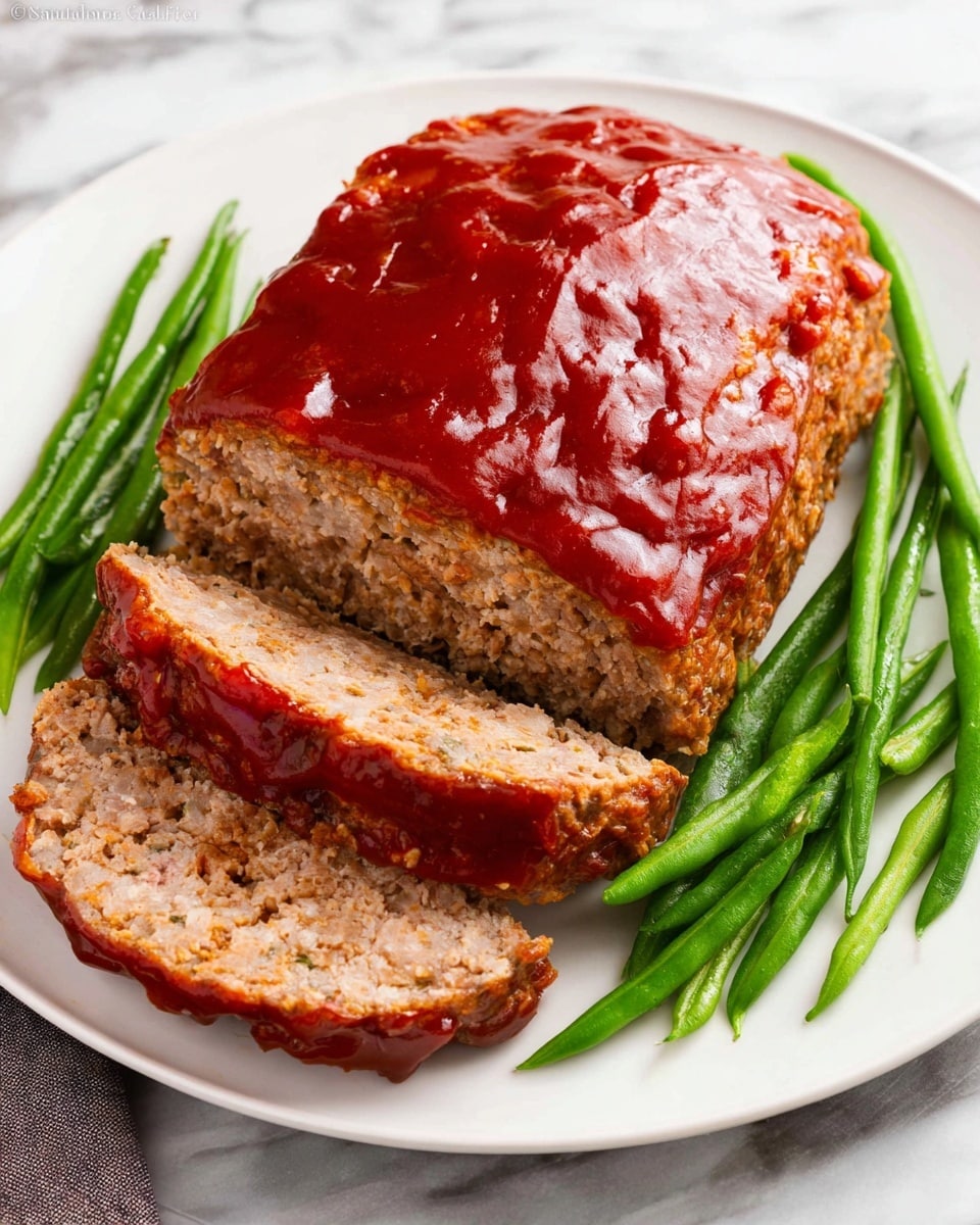 A white plate holds a meal arranged in three main parts: at the bottom right is a soft, creamy mashed potato layer with smooth swirls and a pale off-white color; on top of the potatoes lies a thick, rectangular slice of meatloaf covered in a shiny, bright red sauce with a slightly chunky texture, spread evenly across the top; behind the meatloaf, a small pile of bright green, cooked green beans aligns close to the plate’s edge. The plate sits on a white marbled surface. Photo taken with an iphone --ar 4:5 --v 7