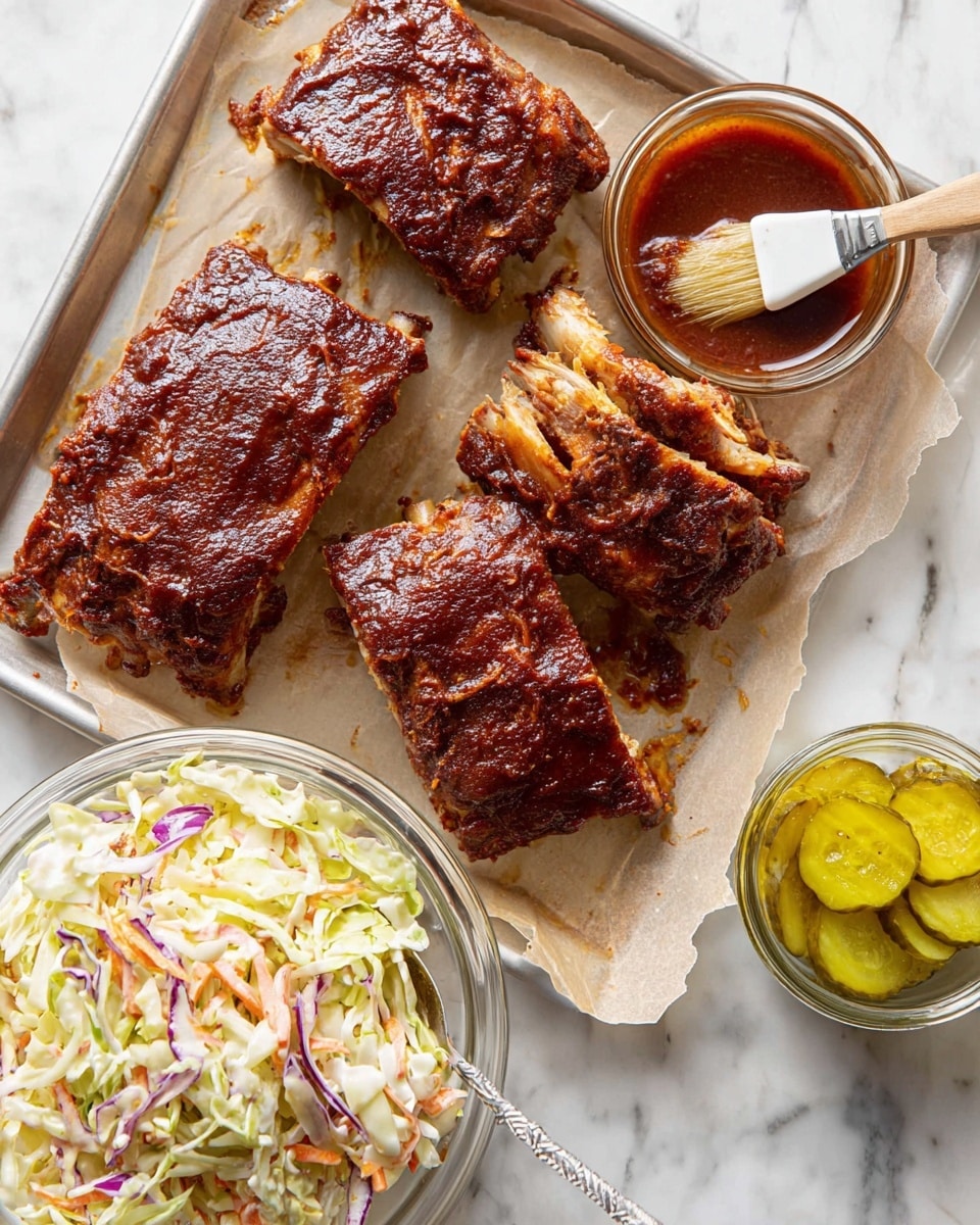 A close-up shows four pieces of cooked ribs lying on white parchment paper on a baking tray. The ribs are evenly browned with a textured crust and dark grill marks. The ribs in the background have a shiny dark reddish-brown sauce layer on top. A woman's hand holds a small brush with a wooden handle and white bristles, applying more of the same sauce to the ribs in the front, giving it a glossy finish. The setting rests on a white marbled surface. photo taken with an iphone --ar 4:5 --v 7
