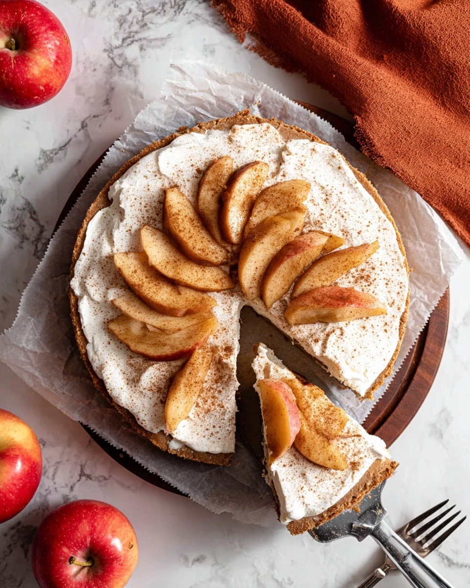 This image shows a round cake with two main layers. The bottom layer is thick, moist, and brown, forming the cake base. The top layer is a smooth, creamy white frosting spread evenly over the cake. On top of the frosting, there are slices of cooked apple in the center, which are golden brown and arranged in a small pile. The cake is dusted lightly with cinnamon powder, which adds a fine brown texture on the frosting. One slice of the cake is cut and slightly pulled out to show the inside texture. The cake sits on a round wooden board with white parchment paper underneath, placed on a white marbled surface. A red apple and an orange cloth are softly out of focus in the background. photo taken with an iphone --ar 4:5 --v 7