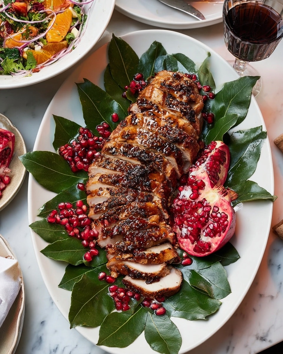 The image shows two plates of food and a glass of red drink on a white marbled surface. The first plate in the bottom left corner holds two slices of light golden roasted meat with a browned edge, sitting next to a mix of green and deep red leafy salad with sliced orange-yellow fruit pieces and scattered red pomegranate seeds. The second plate in the top right corner features a whole roasted meat, sliced into even sections with a golden-brown crust and specks of seasoning visible on top. This plate is also decorated with dark green leaves and pomegranate halves revealing bright red seeds. A clear glass containing a dark red liquid is placed between the plates, and next to the second plate lies a silver knife and a coral-colored cloth napkin. Photo taken with an iphone --ar 4:5 --v 7