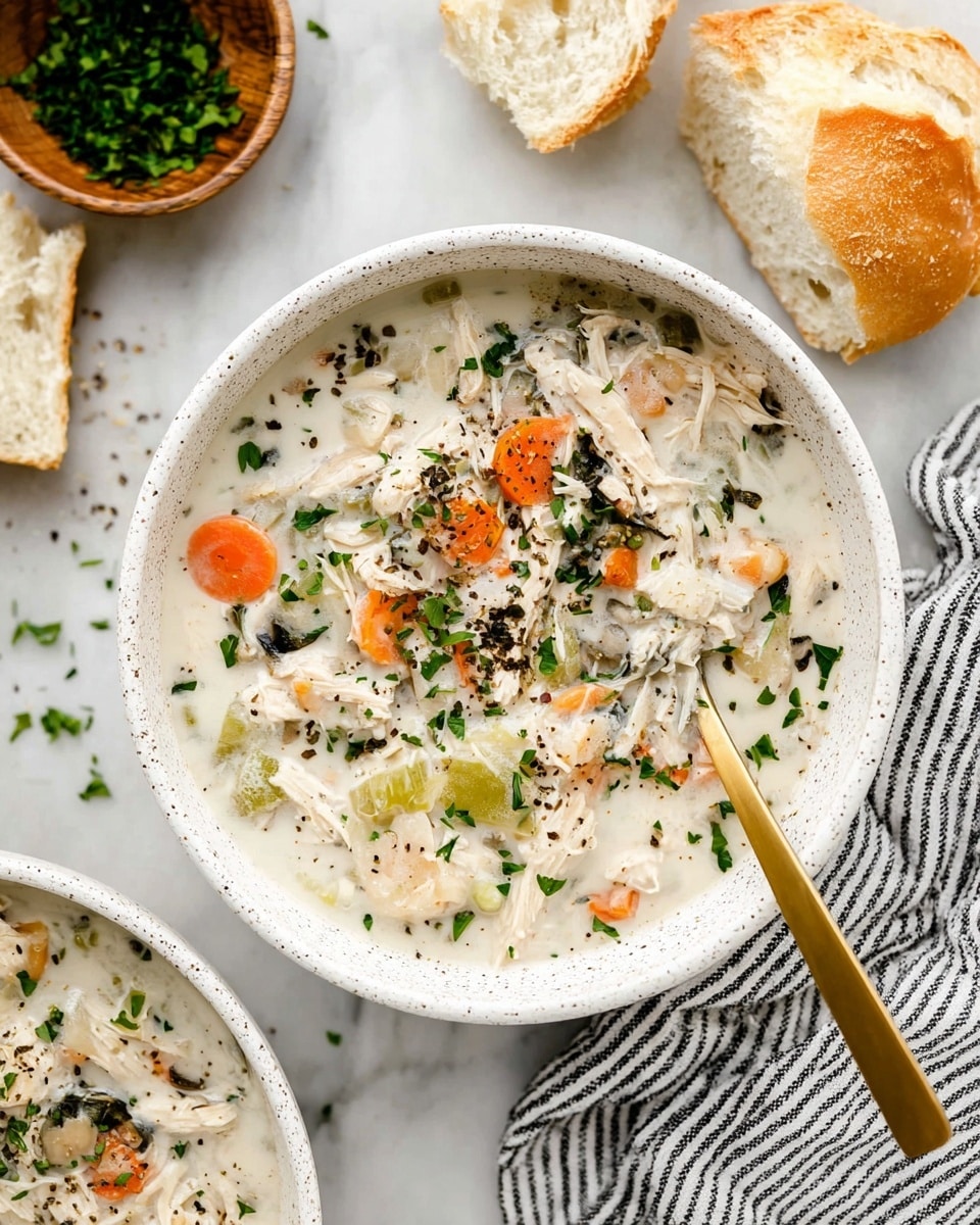 A white speckled bowl filled with creamy soup showing three visible layers: the creamy white broth as the base with chunks of light beige shredded chicken spread throughout, mixed with small pieces of orange carrot and translucent celery, and topped with bright green chopped herbs and a sprinkle of black pepper. A golden spoon rests inside the bowl on the right side. Surrounding the bowl on a white marbled surface are torn pieces of soft, light beige bread, a small wooden bowl filled with green herbs on the left, and a black-and-white striped cloth napkin partially under the bowl on the right. Photo taken with an iphone --ar 4:5 --v 7