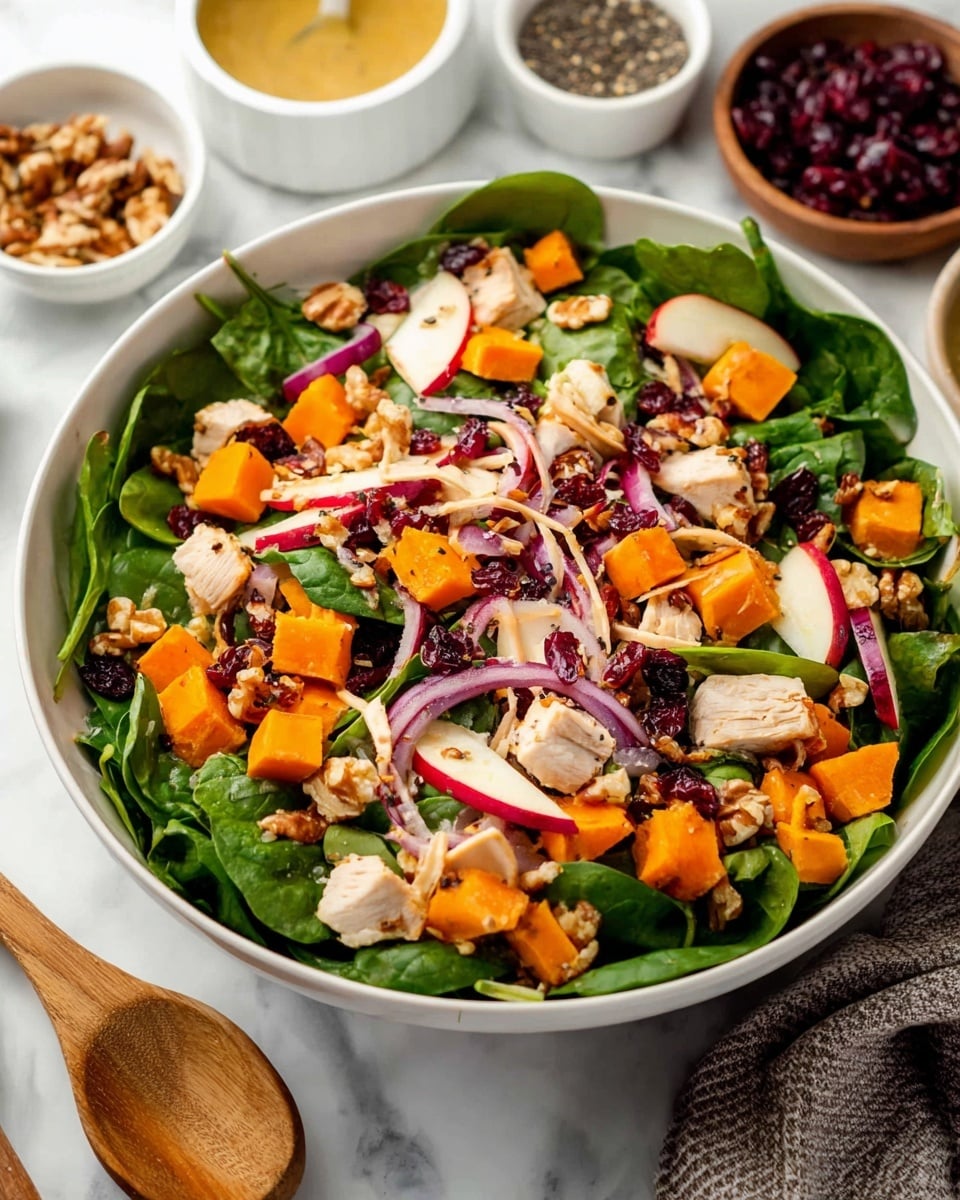 A large white bowl is filled with a fresh mixed salad featuring deep green spinach leaves forming the first layer. On top are scattered bright orange cubes of cooked sweet potato, pale chunks of light chicken pieces, and small red and white apple cubes. Thin slices of red onion add purple color throughout, with some dried dark red cranberries and light brown walnut pieces sprinkled evenly across the salad. Two wooden salad spoons rest inside the bowl on the right side. Surrounding the bowl are small white marbled dishes containing coarse black pepper, dried cranberries, and mustard dressing in a glass jar, all resting on a white marbled surface. photo taken with an iphone --ar 4:5 --v 7
