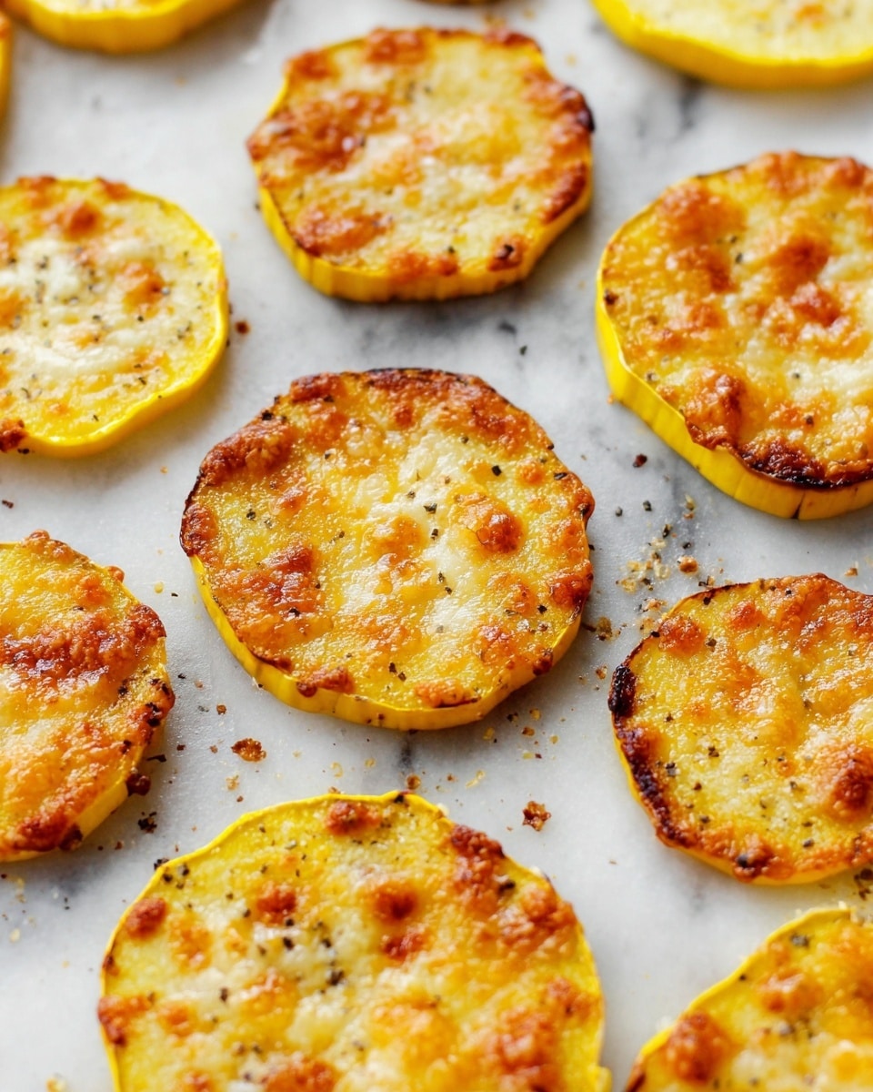 A white plate holds many small, round slices of yellow squash, each slice covered with melted, light brown cheese that has a slightly crispy texture with some black pepper specks on top. The slices vary slightly in size and are piled unevenly on the plate. The edges of the squash are yellow and the cheese topping has a golden-orange tone with browned spots, showing a baked appearance. The plate rests on a white cloth with red and blue stripes, and the surface underneath is a white marbled texture. A whole yellow squash is positioned partially on the left side of the image. Photo taken with an iphone --ar 4:5 --v 7