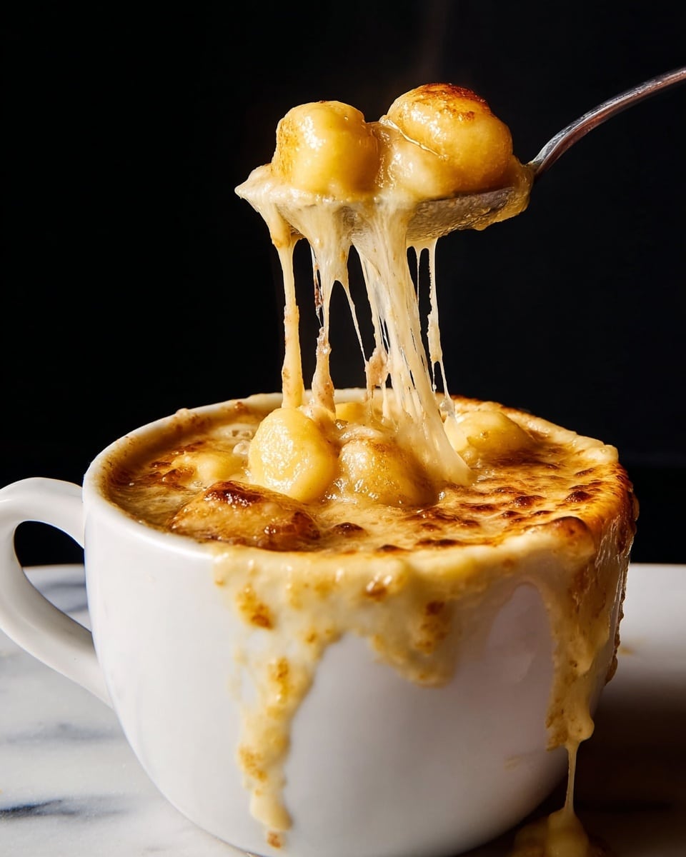 A white cup filled with a thick soup showing a layer of melted cheese on top that is bubbling and slightly browned. Inside the soup are gnocchi pieces, light yellow in color, covered partly by the cheese. A spoon lifts one gnocchi covered in long strands of stretchy, melted cheese. Cheese drips down the sides of the cup. The background is dark, making the warm colors of the cheese and soup stand out, with the cup resting on a white marbled surface. Photo taken with an iphone --ar 4:5 --v 7