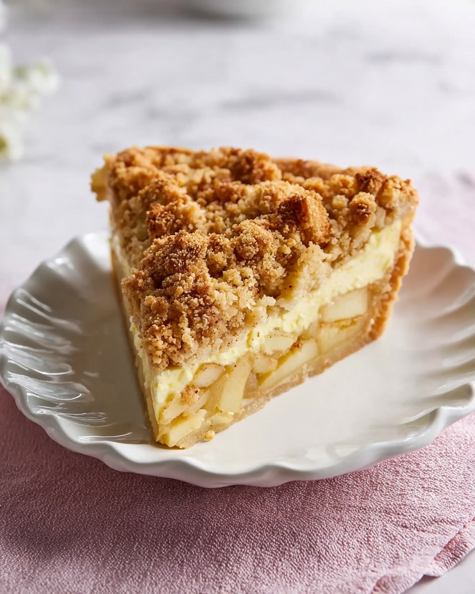 A single slice of apple crumble pie sits on a white scalloped plate. The slice shows multiple light yellow layers of soft apple filling mixed with a creamy texture, topped with a thick, rough layer of golden brown crumb topping. The crust at the base is light golden and slightly thick. The plate rests on a soft light pink cloth, all set against a white marbled surface. photo taken with an iphone --ar 4:5 --v 7