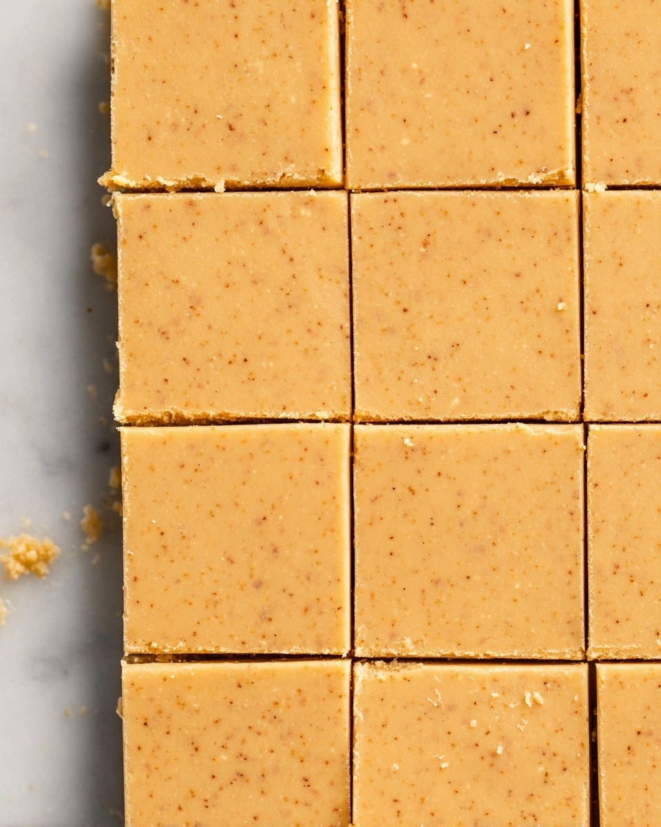 There is a white scalloped plate filled with nine golden yellow fudge squares stacked in two layers, with five squares at the bottom and four on top. The fudge has a smooth texture with small specks inside and one square on the top center has a small bite taken out, revealing a creamy inside. The plate sits on a white marbled surface with two cinnamon sticks blurred in the background. photo taken with an iphone --ar 4:5 --v 7