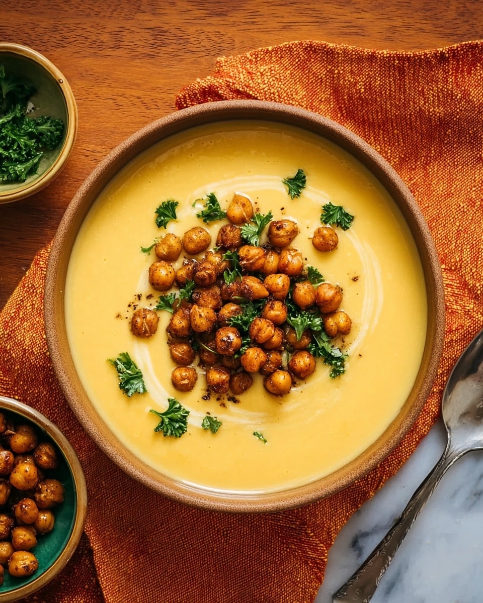 The image shows a bowl of creamy yellow soup topped with golden-brown roasted chickpeas and small green herb pieces. The soup is in a white bowl with a blue rim, placed on a light brown wooden plate. The plate rests on a wooden cutting board with visible grain and texture. To the left is a silver spoon with a wooden handle, and above the cutting board is an orange cloth with fringed edges. To the top right, there is a glass filled with a bubbly light amber drink. The background surface is a white marbled texture. Photo taken with an iphone --ar 4:5 --v 7