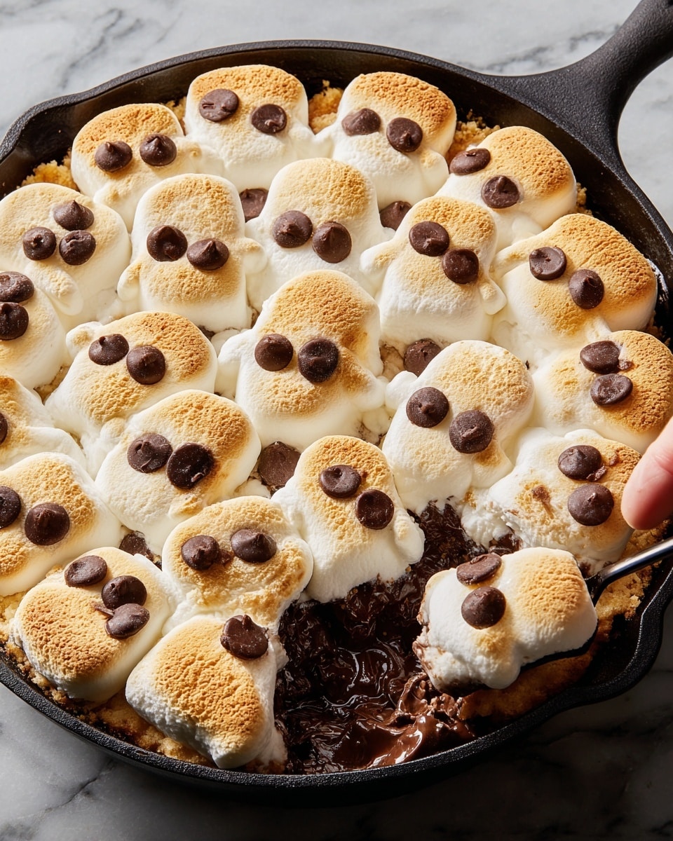 The image shows a skillet filled with a golden-brown layer of toasted marshmallows on top. There are about two layers visible: the top layer is made of large, fluffy, slightly browned marshmallows placed close together, each topped with a few small chocolate chips. Below the marshmallows, there is a melted dark chocolate layer that looks rich and gooey, visible through a gap where a piece is being lifted with a square-shaped graham cracker held by a woman's hand. The background is a white marbled texture. Photo taken with an iphone --ar 4:5 --v 7
