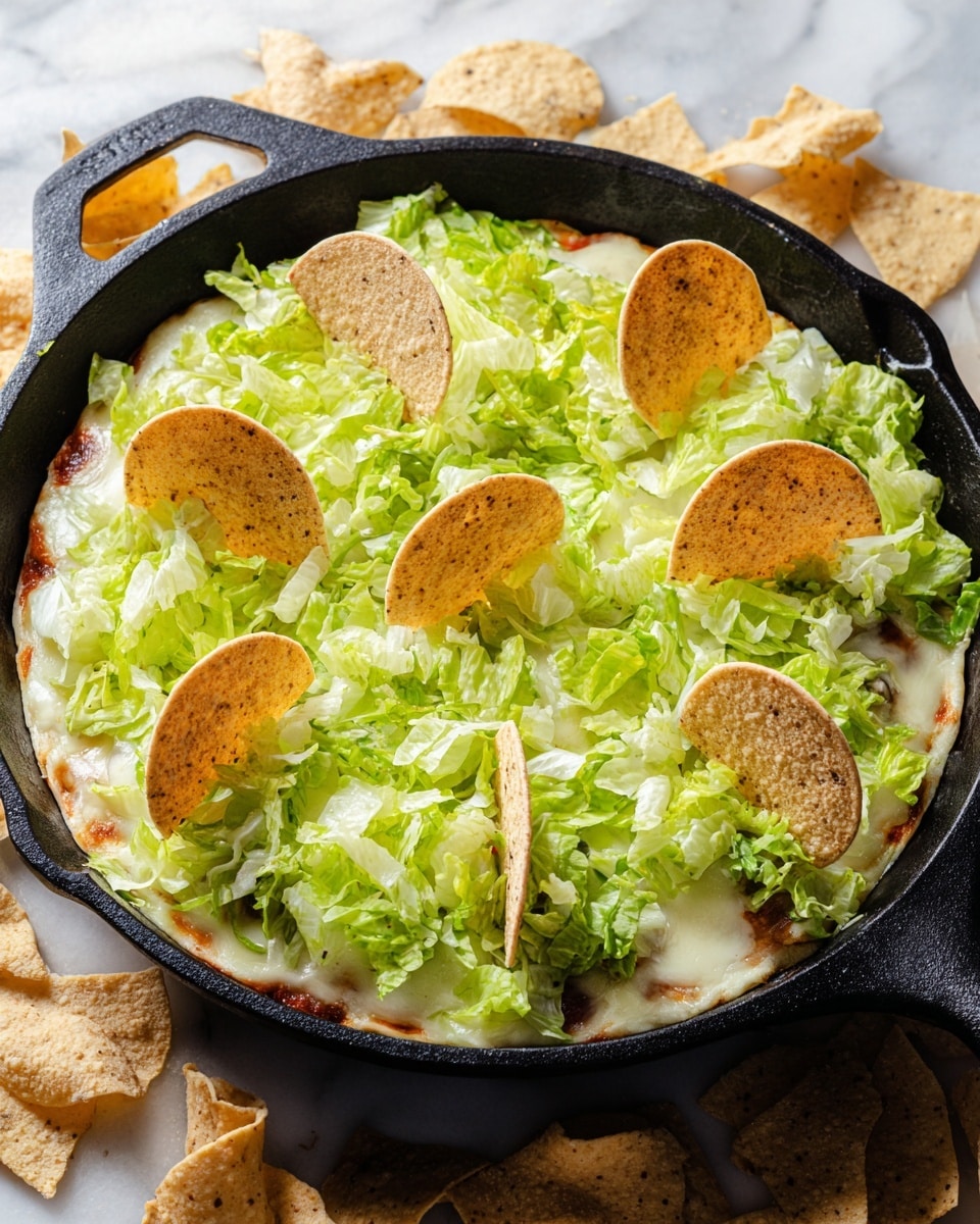 This dish is served in a black cast iron skillet and shows three main layers. The bottom layer is a pizza crust with a light brown color. The second layer is melted white and yellow cheese covering the crust smoothly. The top layer consists of bright green chopped lettuce spread evenly, with several tan-colored pita chips standing vertically all over the surface. The skillet is set on a white marbled texture with a black cloth around it, and there are some tan-colored tortilla chips scattered near the skillet. Photo taken with an iphone --ar 4:5 --v 7