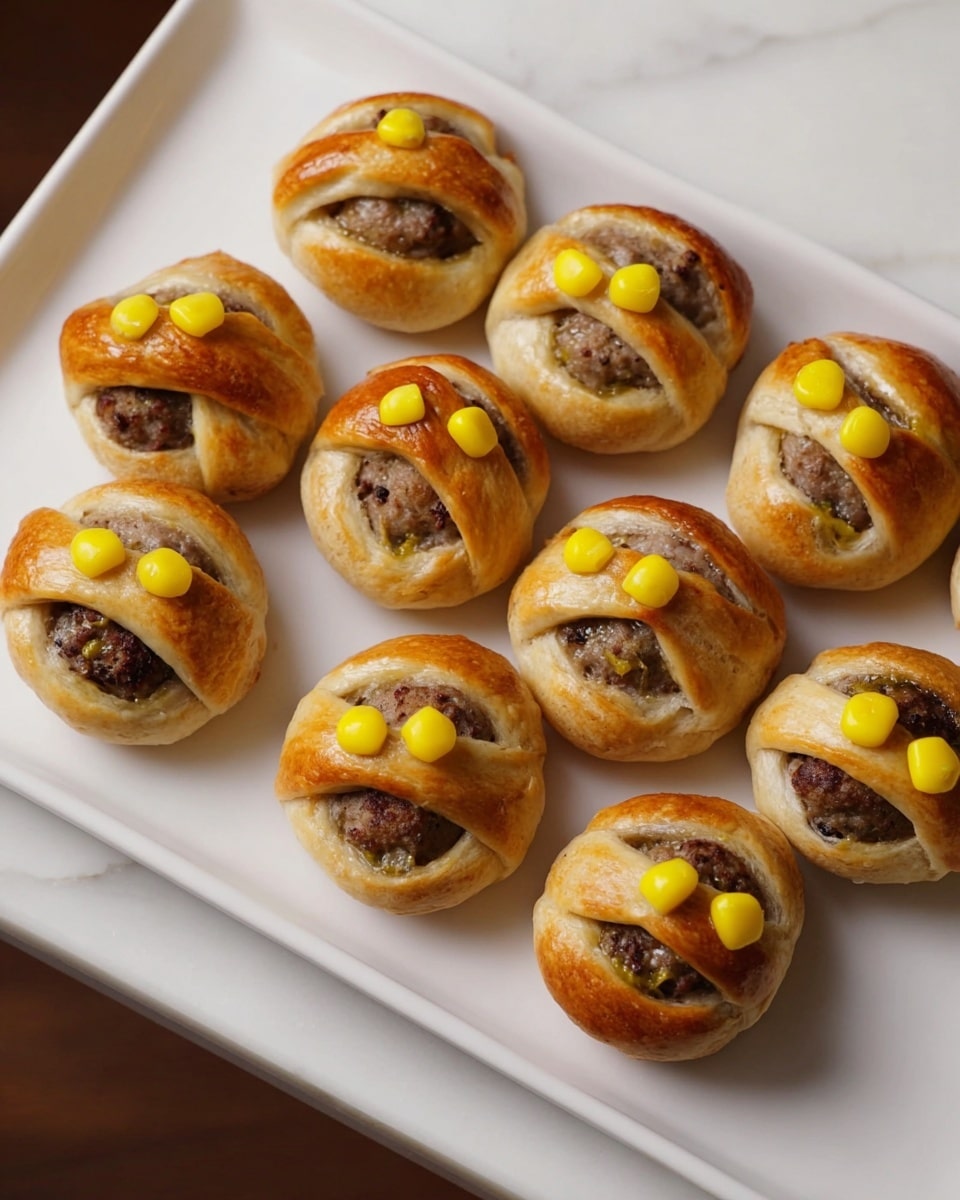A white rectangular plate on a white marbled surface holds ten small baked pastries arranged in rows. Each pastry has a golden-brown outer layer made of soft dough shaped into a round form with one or two strips crossing over the top. Inside, there is a dark brown meat filling, textured with small bits of herbs, and topped with three bright yellow corn kernels on each pastry, spaced evenly. The pastries appear warm and flaky with a slight shine on the dough, showing their freshly baked texture. photo taken with an iphone --ar 4:5 --v 7