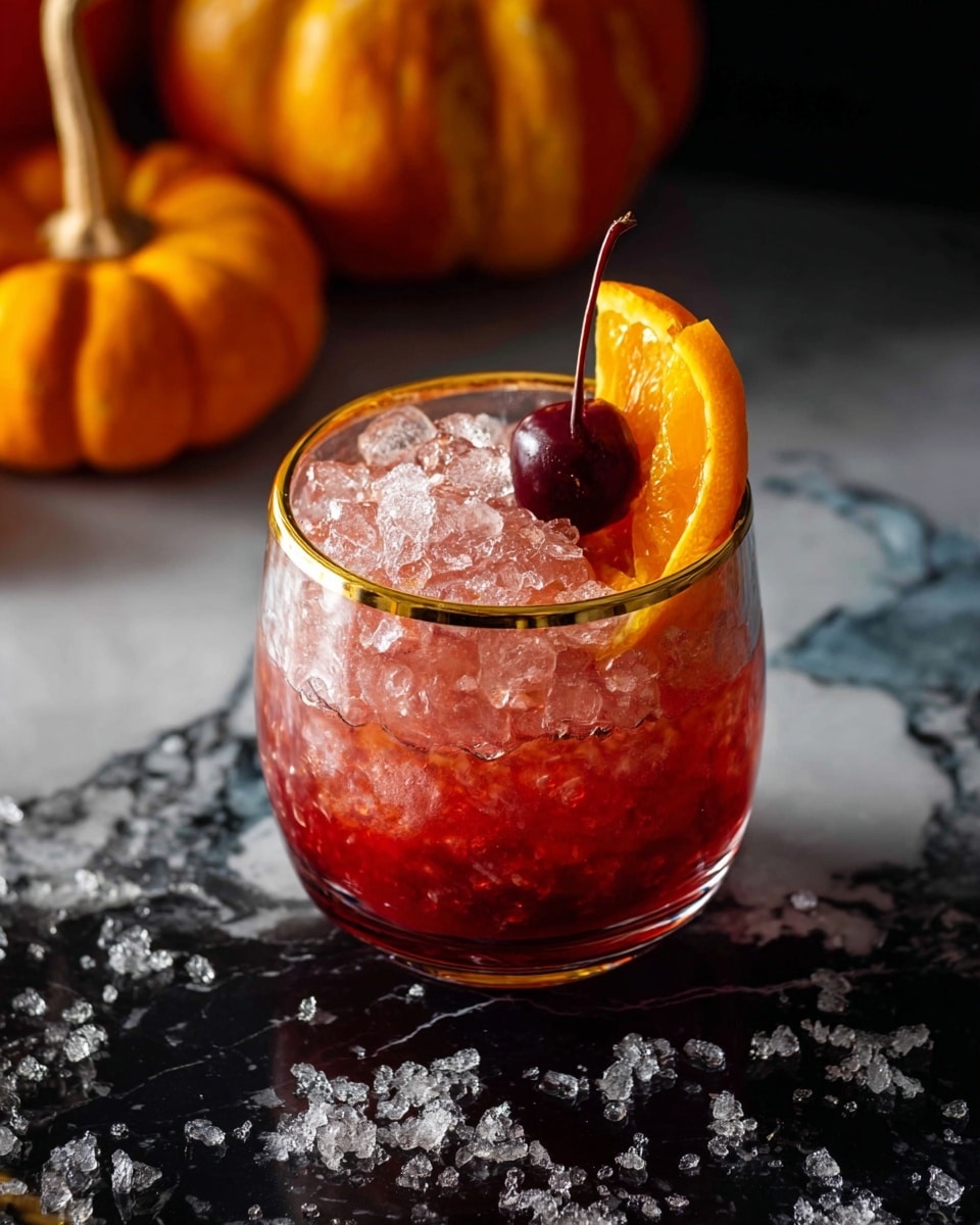 A short, round glass with a gold rim is filled with crushed ice and a reddish drink. The top layer shows clear, uneven crushed ice with a glossy texture. On the right side inside the glass, there is a bright orange slice leaning against the rim, and in the center, a shiny dark red cherry with a visible stem sits on the ice. The glass is placed on a dark surface with scattered ice and salt crystals, but the background is changed to a white marbled texture. A small orange pumpkin is partially visible in the upper left corner. photo taken with an iphone --ar 4:5 --v 7