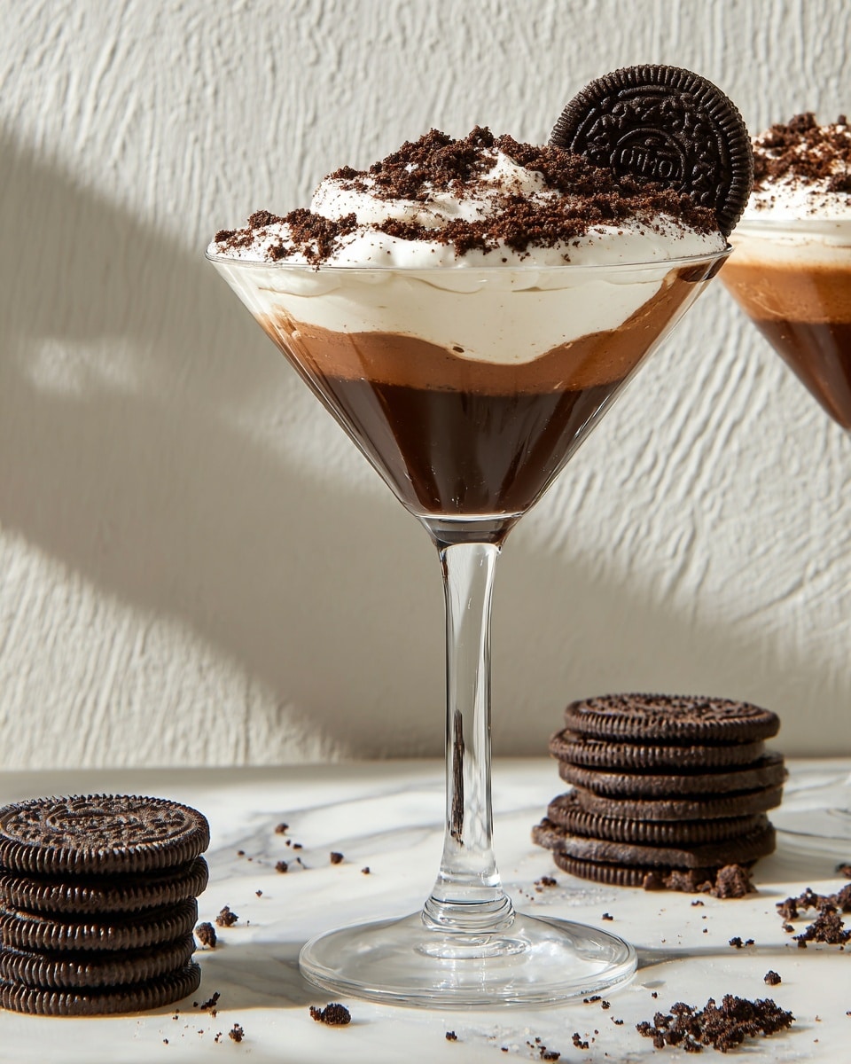 Two clear martini glasses stand side by side on a white marbled surface, each filled with three visible layers: a thick, dark brown chocolate base at the bottom, a lighter brown creamy middle layer, and a fluffy white cream layer on top. The top layer is sprinkled heavily with dark brown crushed cookie crumbs. One glass is garnished with a whole dark cookie placed on the rim. Around the glasses, there are several stacked whole dark cookies and some loose crumbs scattered on the surface. The background is a light, textured white wall, and soft natural light casts gentle shadows. Photo taken with an iphone --ar 4:5 --v 7