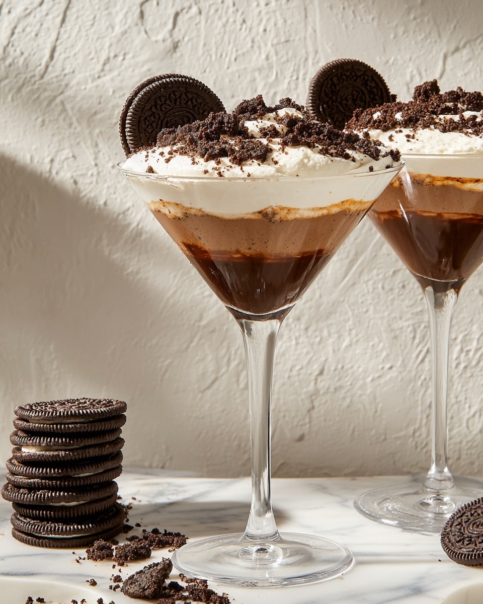 The image shows a clear glass dessert cup filled with three visible layers. The bottom layer is a smooth, dark brown chocolate base, topped by a thick white cream layer. The topmost layer is fluffy whipped cream spread unevenly, with half of it covered in dark brown crumbled cookie bits. An Oreo cookie is placed upright on the edge of the cup, slightly embedded in the whipped cream. The background is a white marbled texture. Photo taken with an iphone --ar 4:5 --v 7