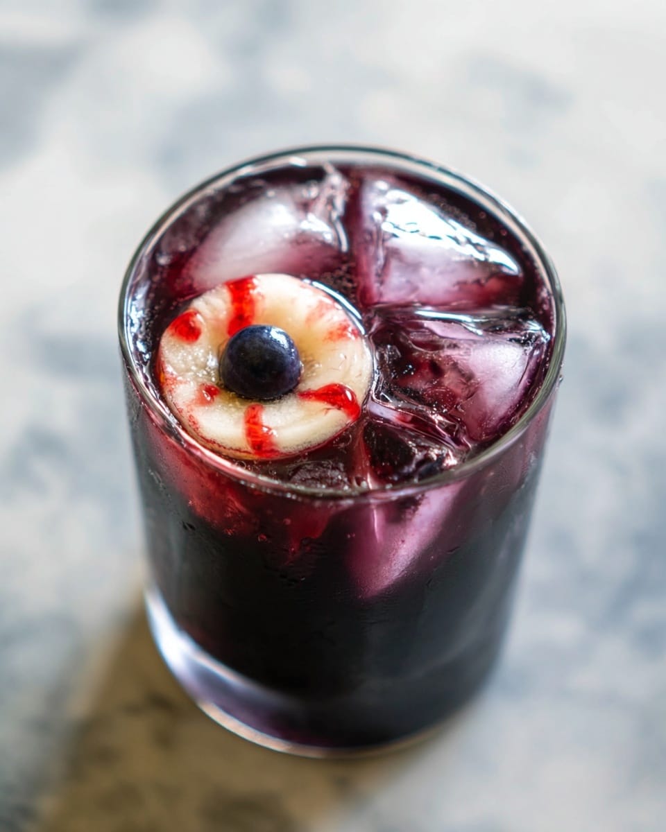 A clear glass cup filled with dark brown liquid, topped with several large, shiny ice cubes, and a dollop of white cream in the center. The cream is covered with red syrup and a single dark berry on top. The background is a white marbled texture. photo taken with an iphone --ar 4:5 --v 7