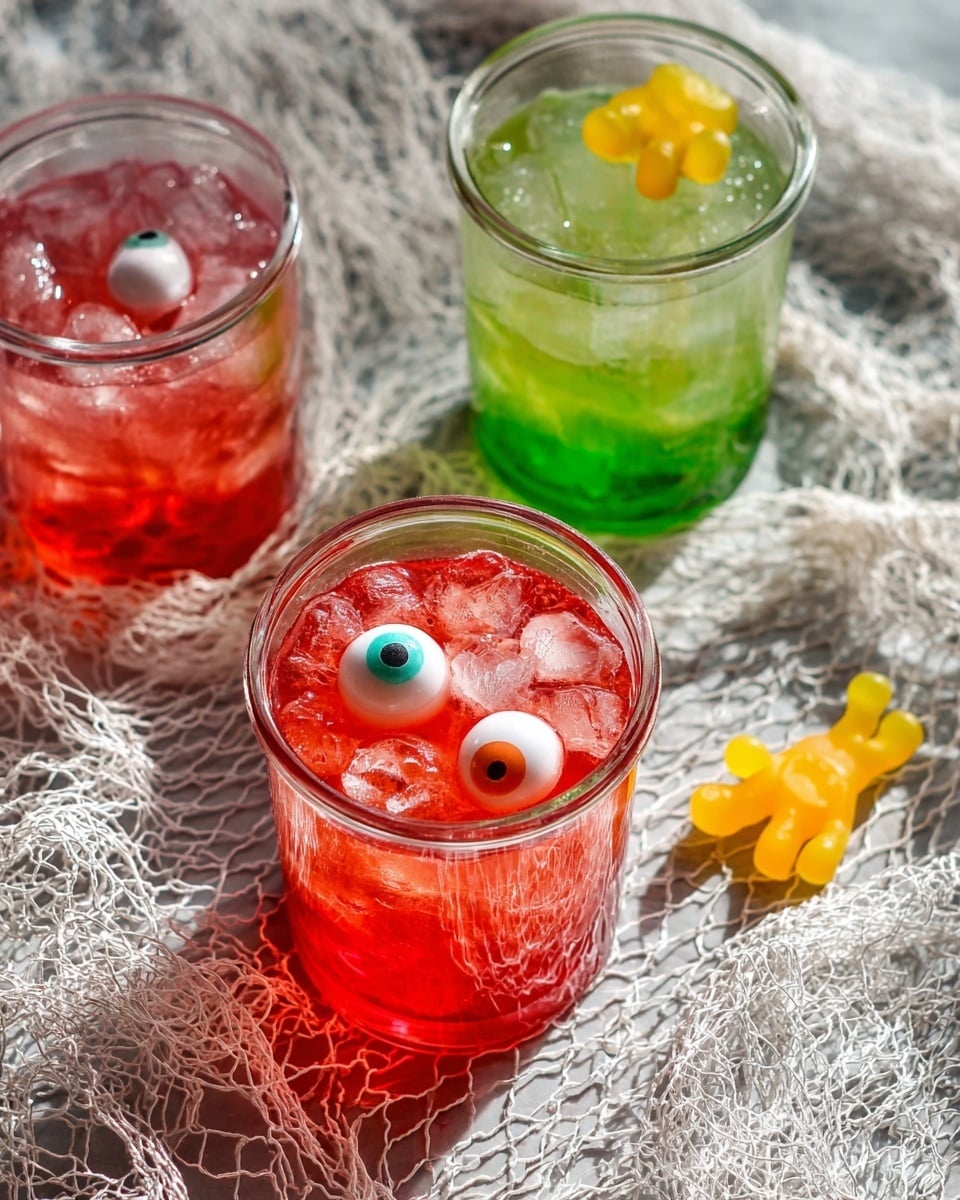 Three clear glass beakers are filled with colorful drinks and placed on a white marbled texture covered with a light gray netted cloth. The closest beaker at the bottom center holds a bright red drink with ice cubes and two fake eyeballs floating on top, each eyeball white with colored irises and red veins. Behind it to the left is another beaker with a similar red drink and ice but without eyeballs visible. Toward the top right is a beaker containing a green drink with ice and a small yellow gummy hand on top. Another yellow gummy hand lies on the cloth to the right side of the image. Photo taken with an iphone --ar 4:5 --v 7